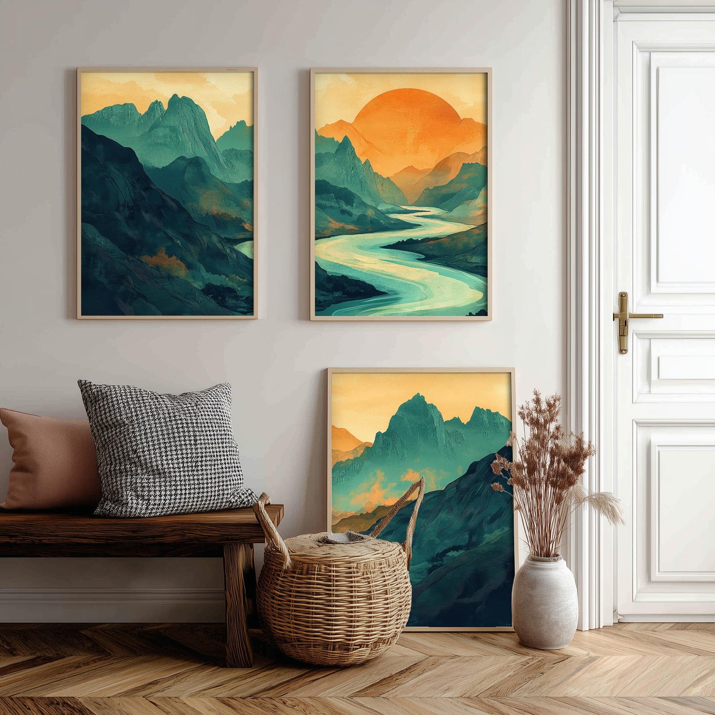 Conceptual Canyon Set of Three Prints V3 - Teal Mountain Sunrise Panorama - Abstract Landscape River Illustration Poster Wall Art