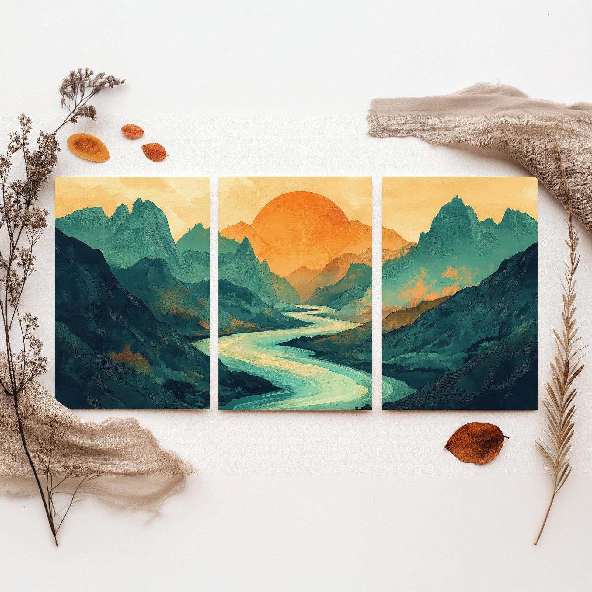Conceptual Canyon Set of Three Prints V3 - Teal Mountain Sunrise Panorama - Abstract Landscape River Illustration Poster Wall Art