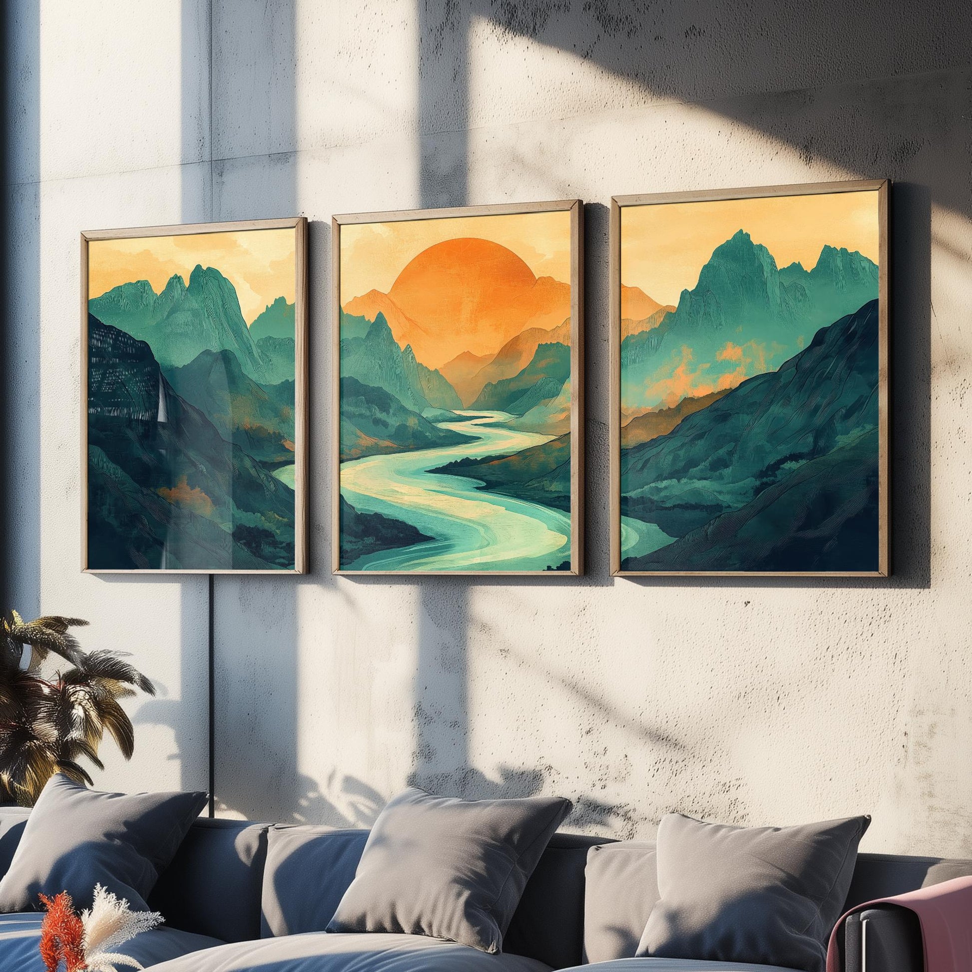 Conceptual Canyon Set of Three Prints V3 - Teal Mountain Sunrise Panorama - Abstract Landscape River Illustration Poster Wall Art