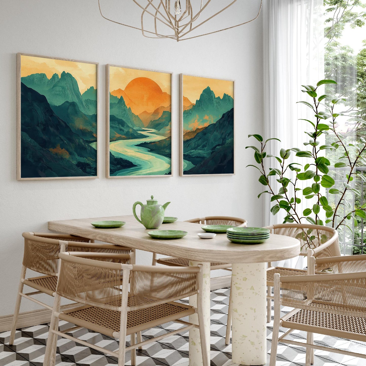 Conceptual Canyon Set of Three Prints V3 - Teal Mountain Sunrise Panorama - Abstract Landscape River Illustration Poster Wall Art