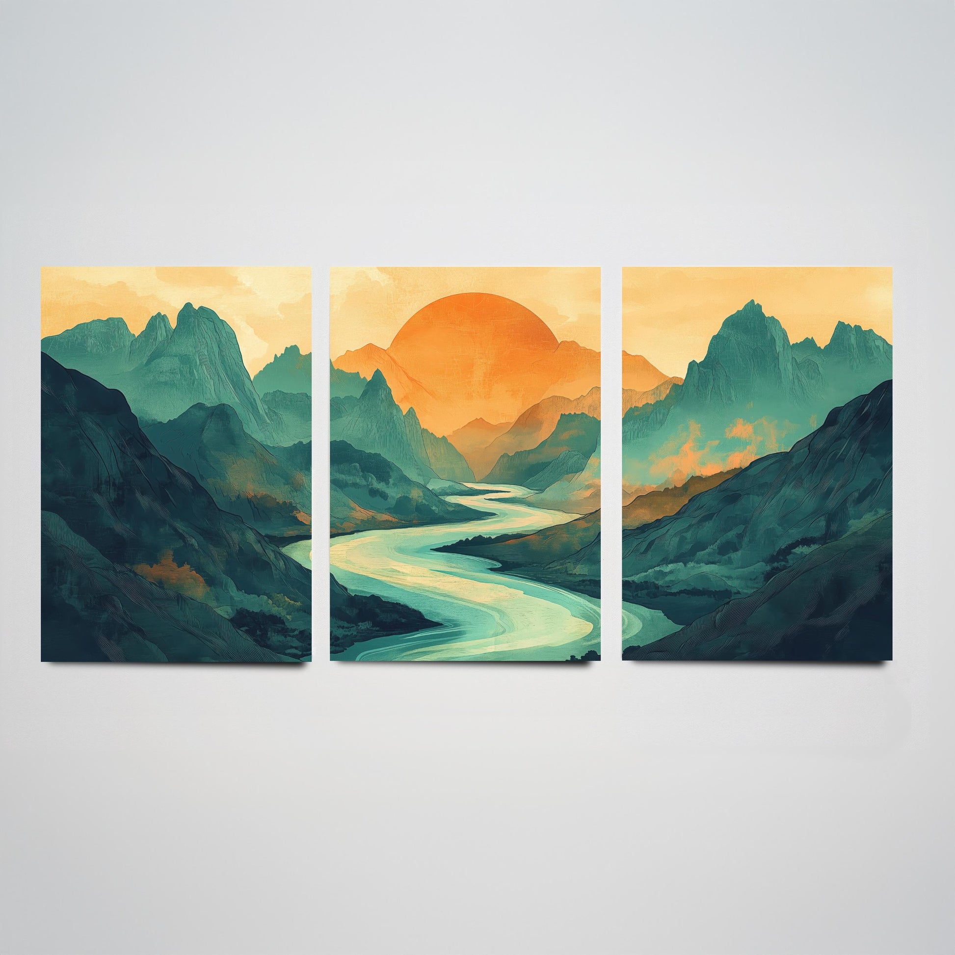 Conceptual Canyon Set of Three Prints V3 - Teal Mountain Sunrise Panorama - Abstract Landscape River Illustration Poster Wall Art
