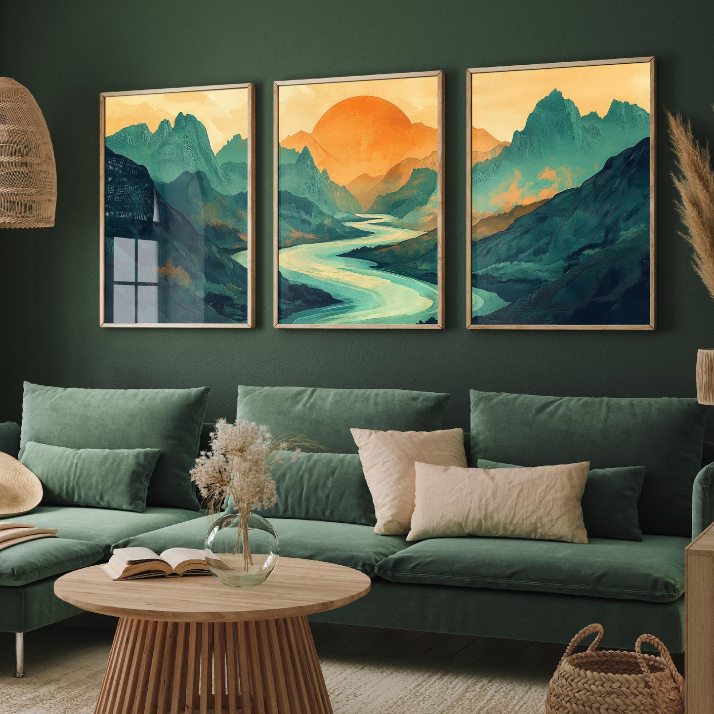 Conceptual Canyon Set of Three Prints V3 - Teal Mountain Sunrise Panorama - Abstract Landscape River Illustration Poster Wall Art