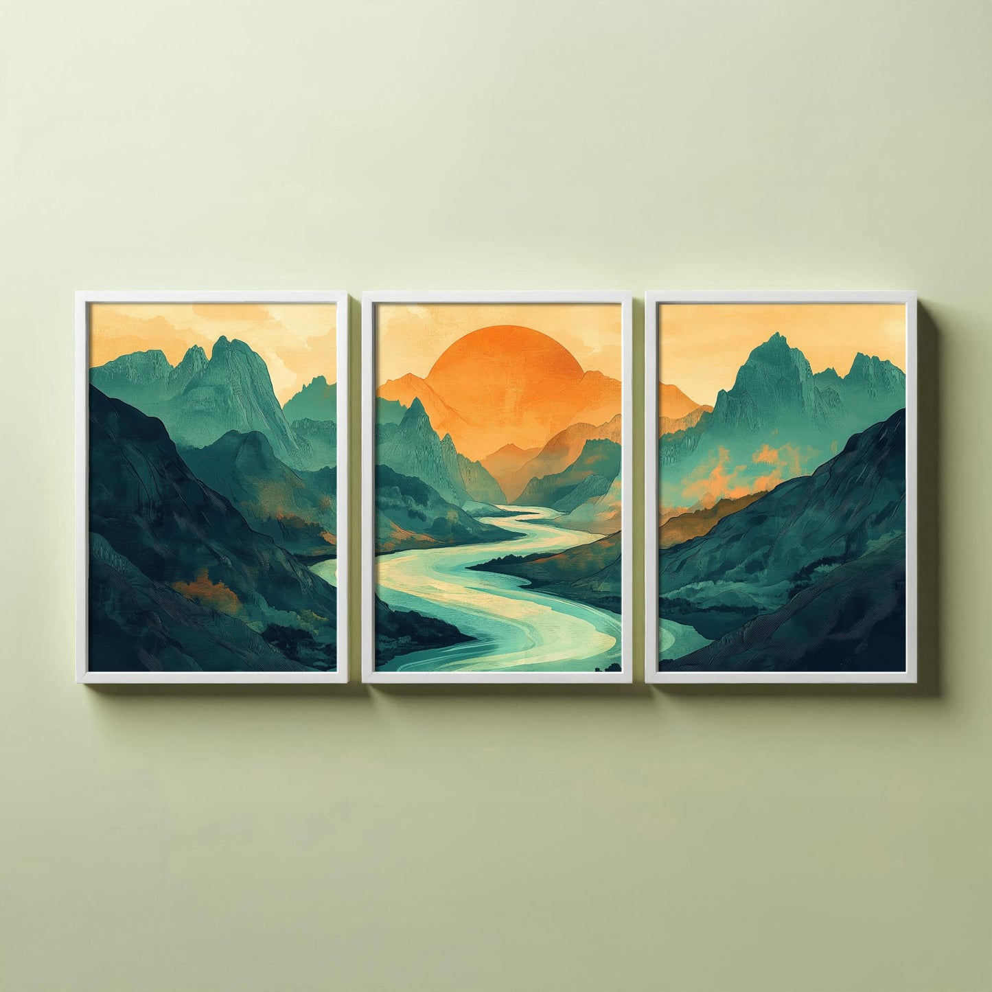 Conceptual Canyon Set of Three Prints V3 - Teal Mountain Sunrise Panorama - Abstract Landscape River Illustration Poster Wall Art