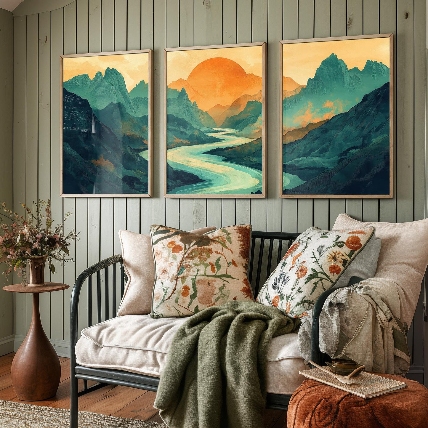 Conceptual Canyon Set of Three Prints V3 - Teal Mountain Sunrise Panorama - Abstract Landscape River Illustration Poster Wall Art