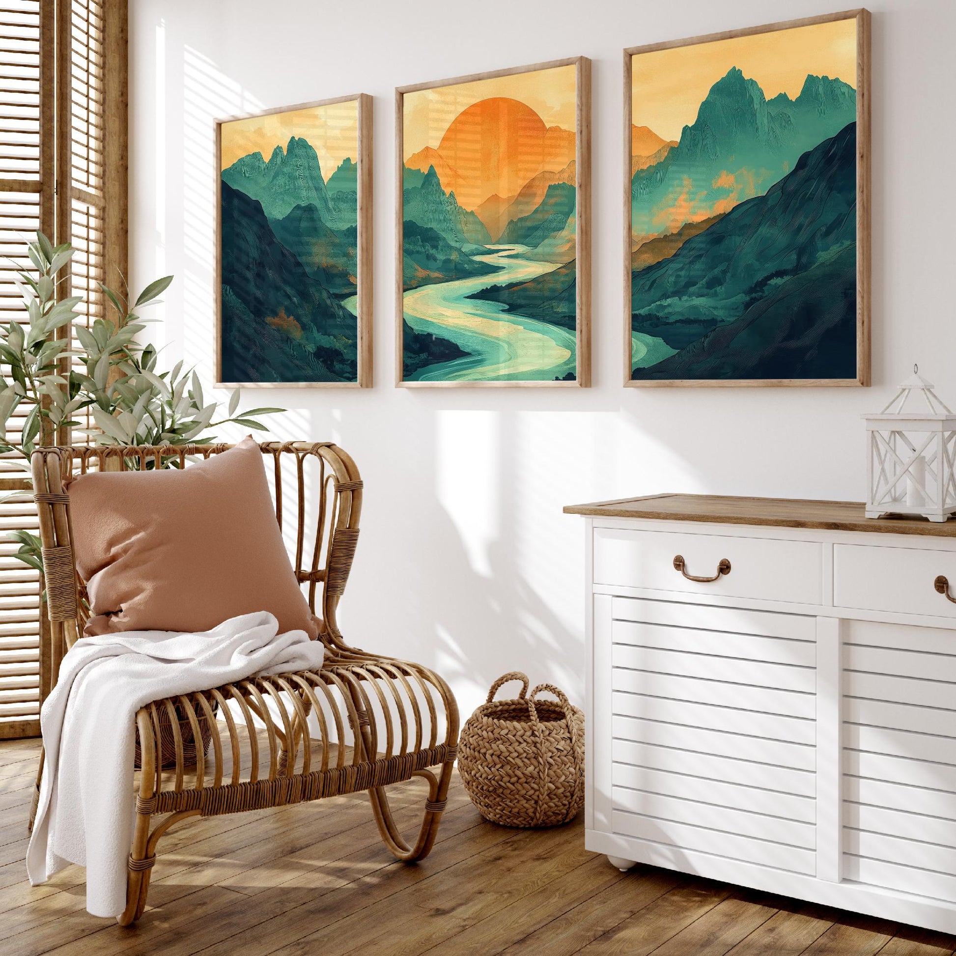 Conceptual Canyon Set of Three Prints V3 - Teal Mountain Sunrise Panorama - Abstract Landscape River Illustration Poster Wall Art