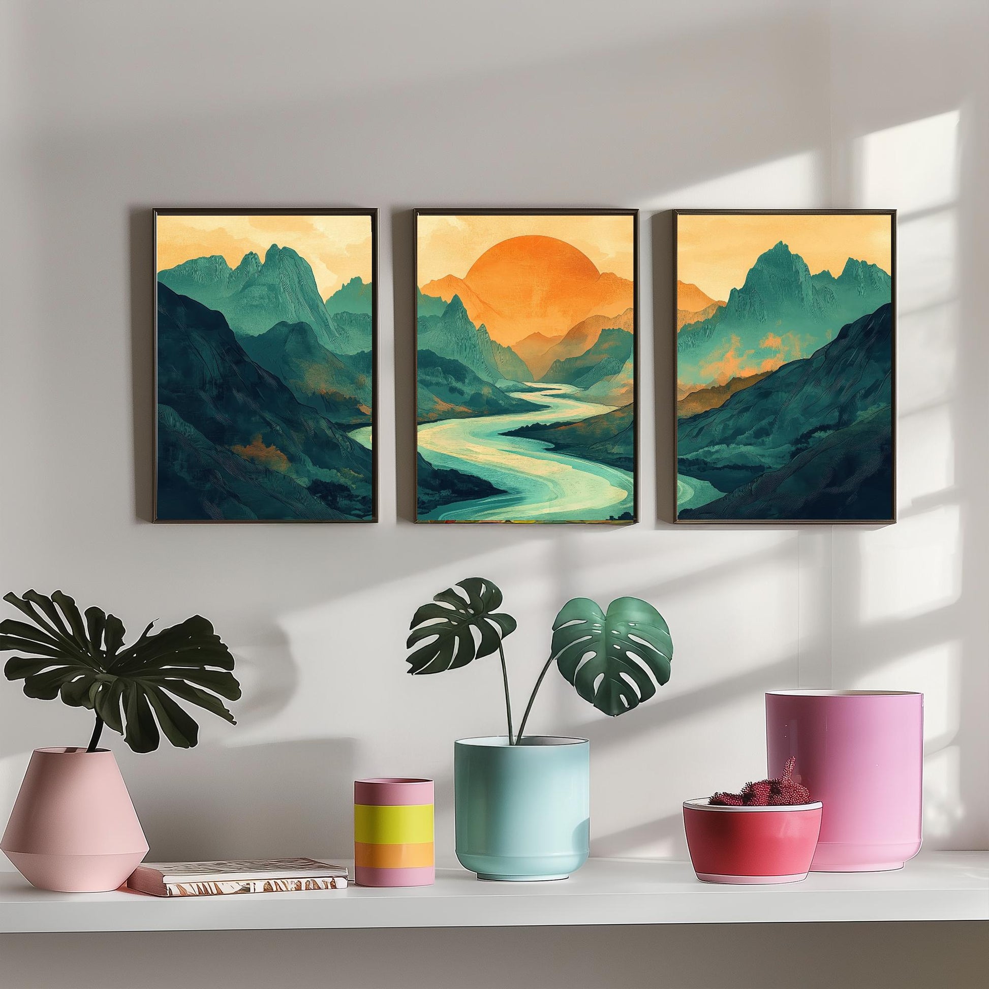 Conceptual Canyon Set of Three Prints V3 - Teal Mountain Sunrise Panorama - Abstract Landscape River Illustration Poster Wall Art