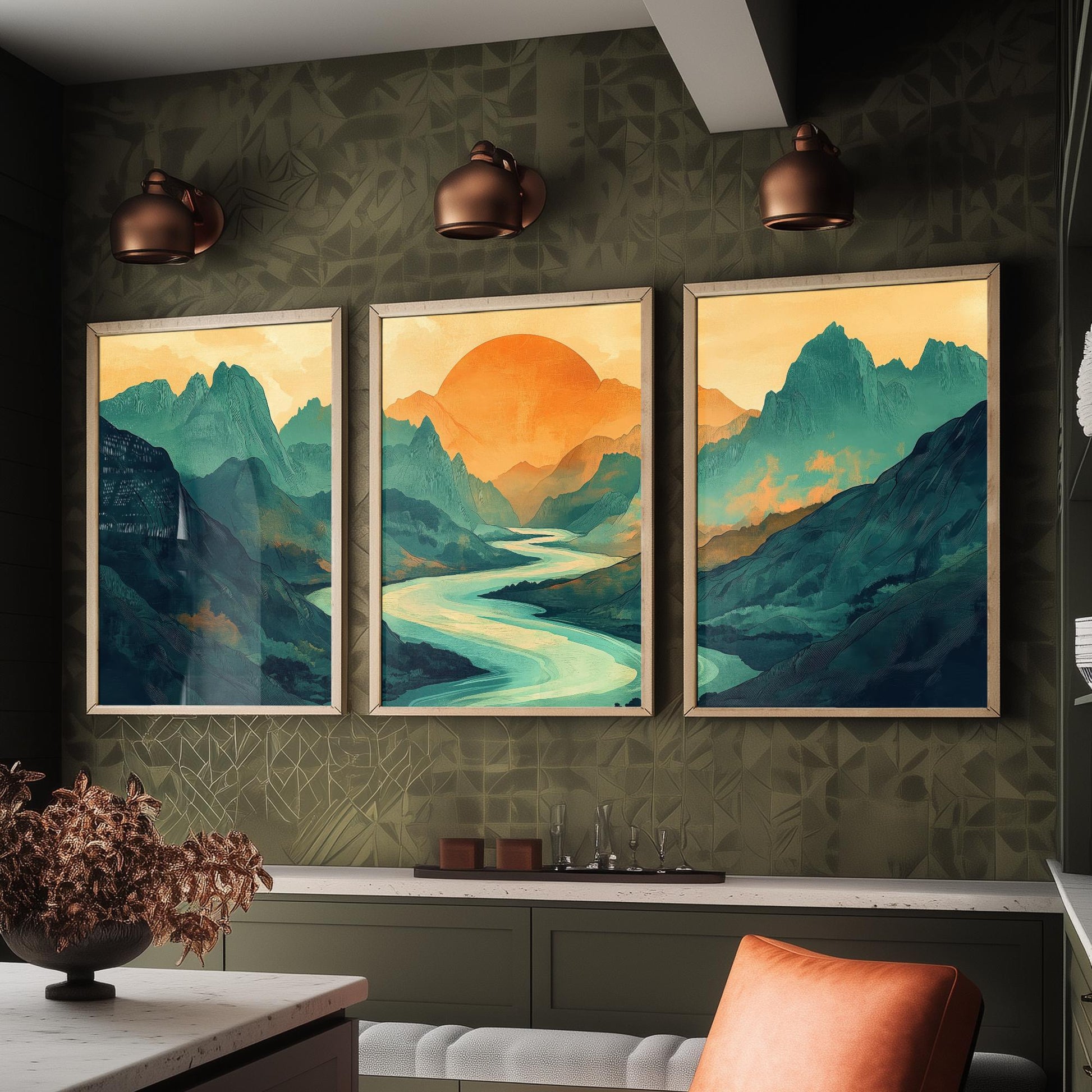 Conceptual Canyon Set of Three Prints V3 - Teal Mountain Sunrise Panorama - Abstract Landscape River Illustration Poster Wall Art