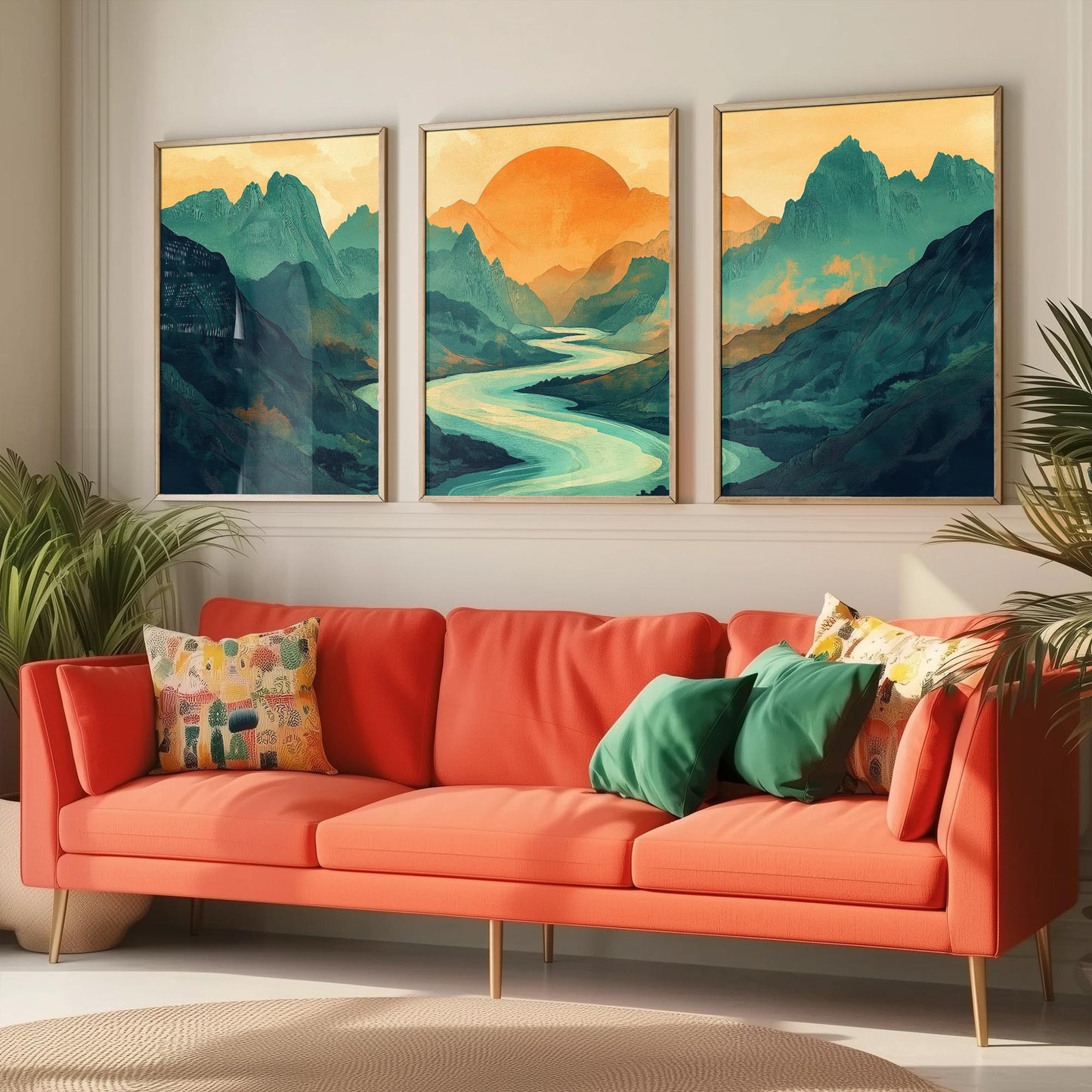 Conceptual Canyon Set of Three Prints V3 - Teal Mountain Sunrise Panorama - Abstract Landscape River Illustration Poster Wall Art