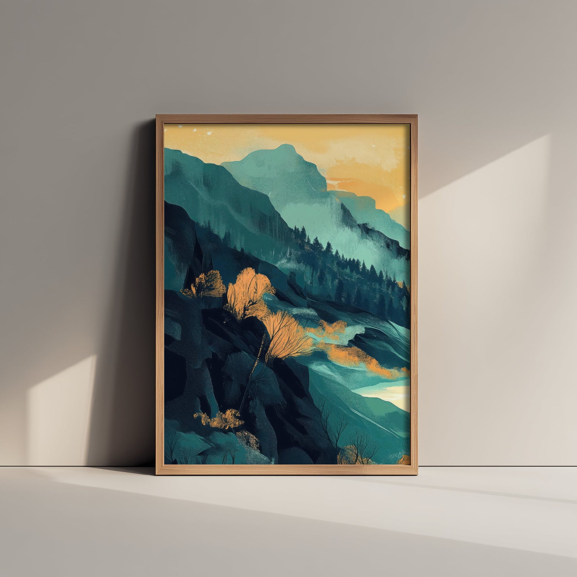 Abstract Mountain Art Print - Teal Green Boho Landscape Poster - Mid Century Sun Painting - Golden Valley V4 1/3