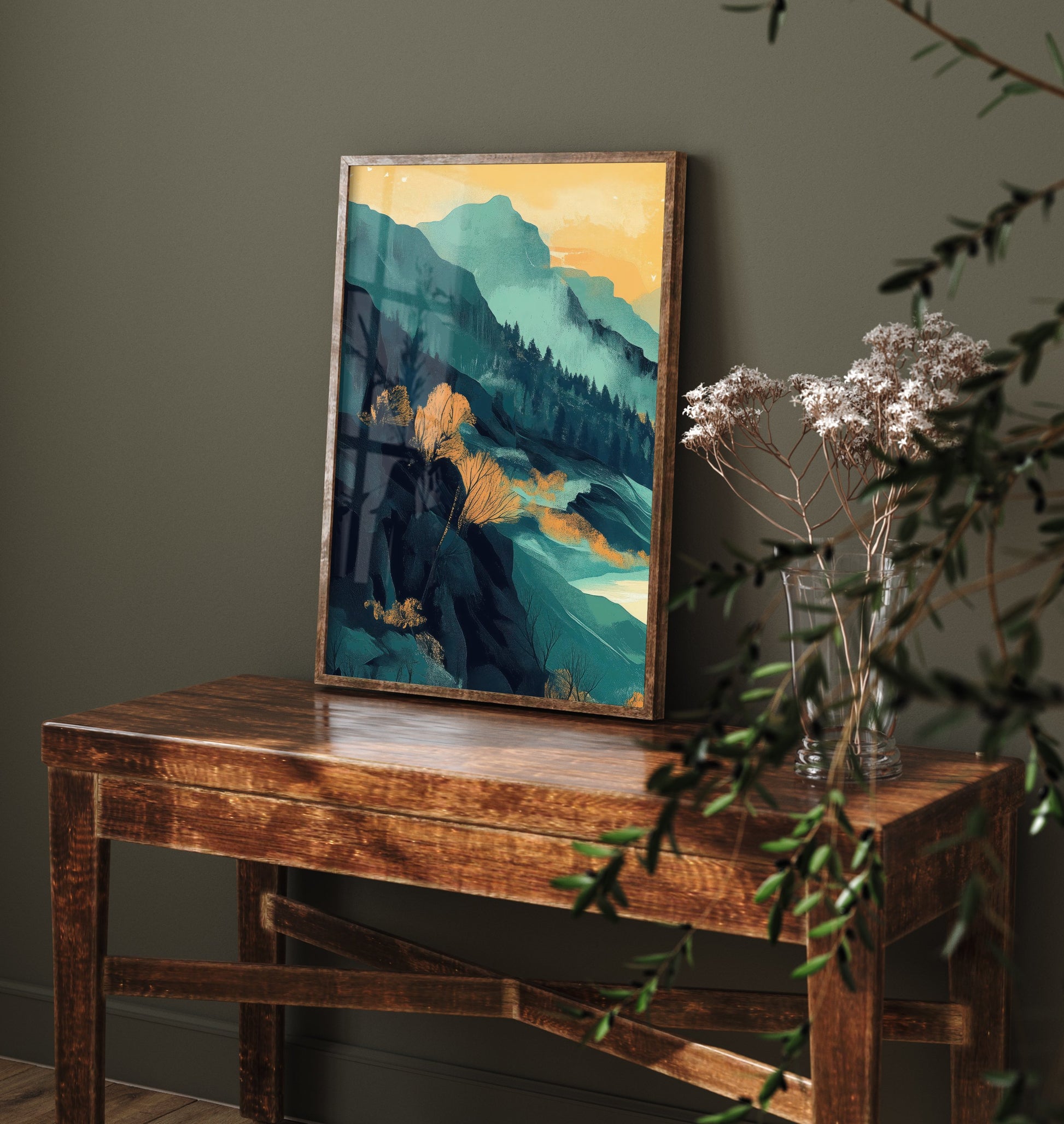 Abstract Mountain Art Print - Teal Green Boho Landscape Poster - Mid Century Sun Painting - Golden Valley V4 1/3