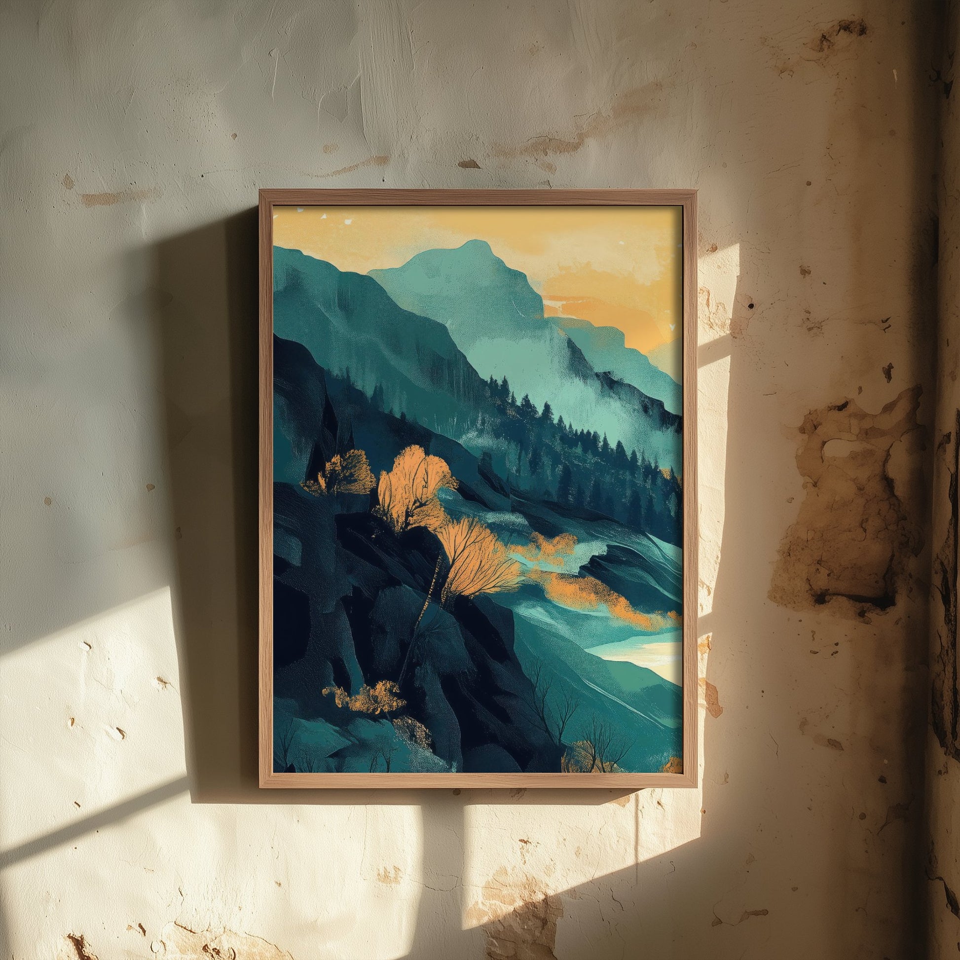 Abstract Mountain Art Print - Teal Green Boho Landscape Poster - Mid Century Sun Painting - Golden Valley V4 1/3