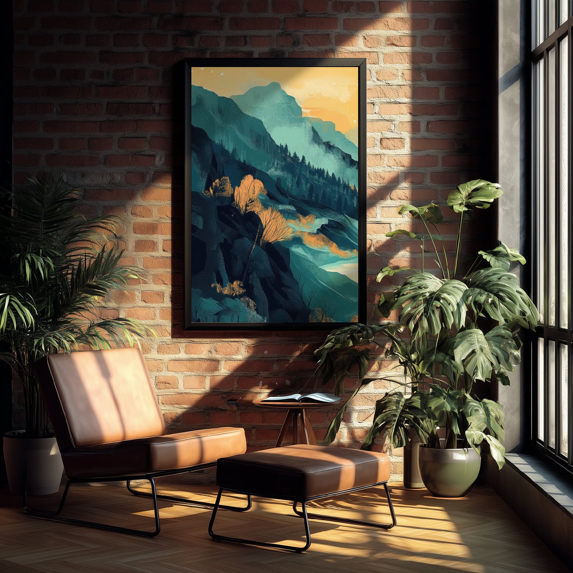 Abstract Mountain Art Print - Teal Green Boho Landscape Poster - Mid Century Sun Painting - Golden Valley V4 1/3