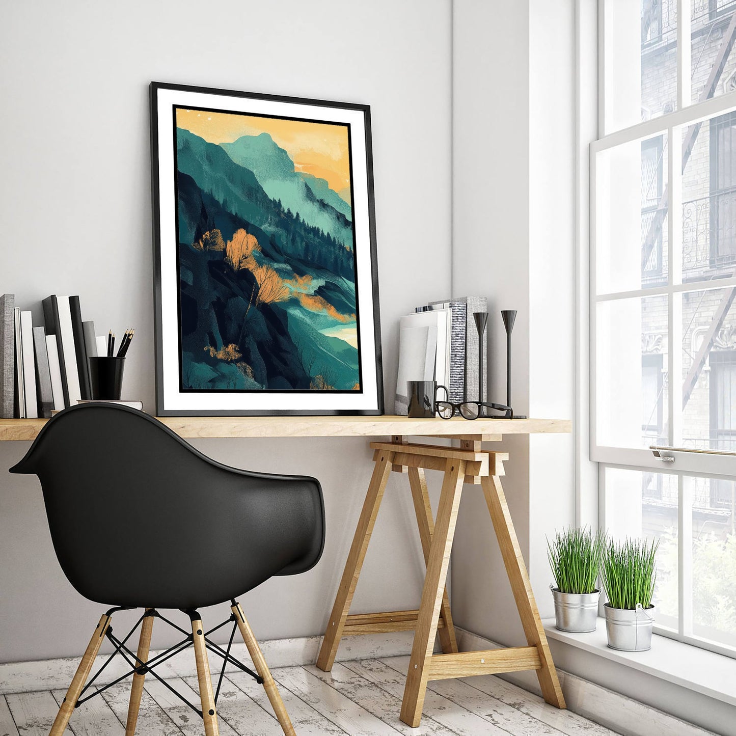 Abstract Mountain Art Print - Teal Green Boho Landscape Poster - Mid Century Sun Painting - Golden Valley V4 1/3