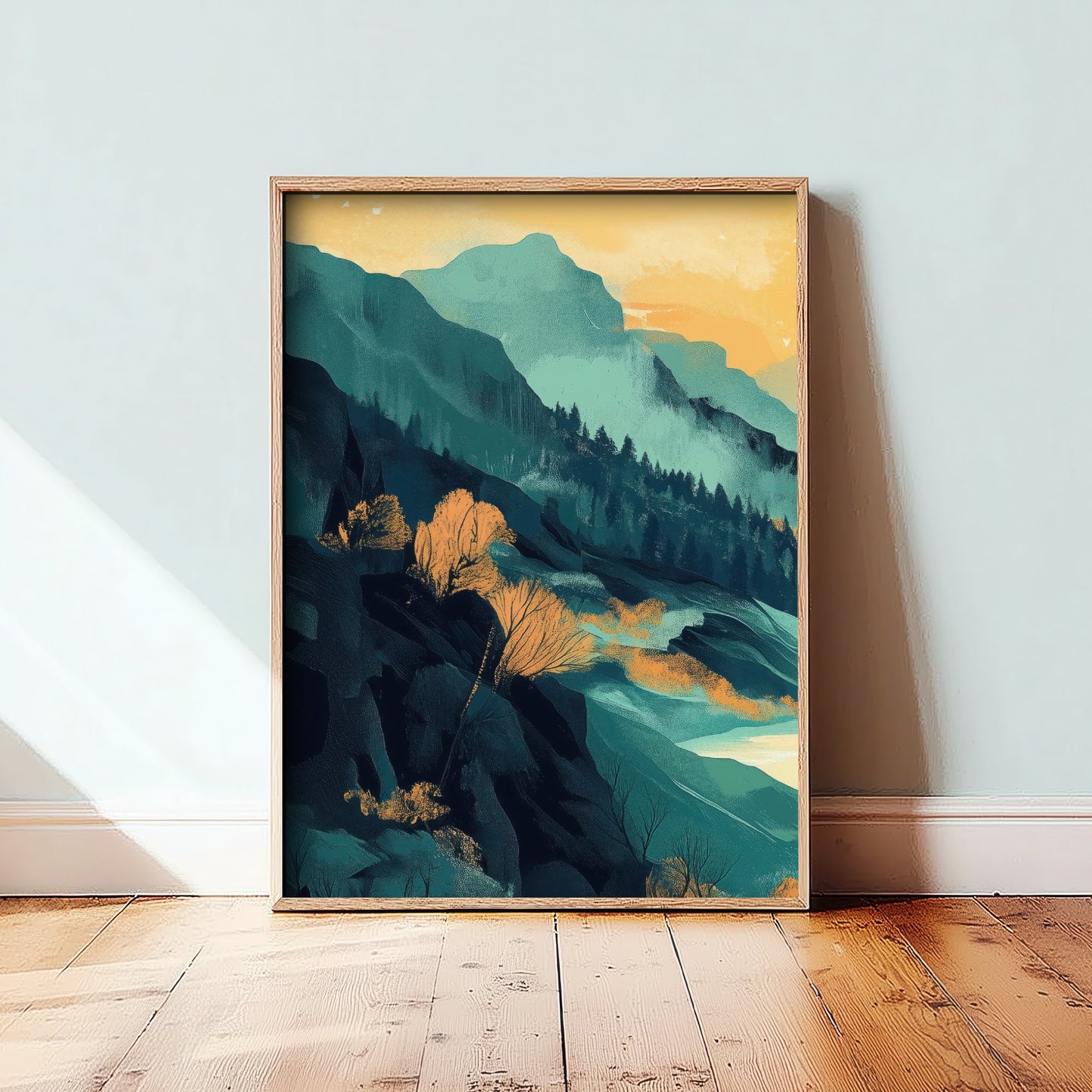 Abstract Mountain Art Print - Teal Green Boho Landscape Poster - Mid Century Sun Painting - Golden Valley V4 1/3