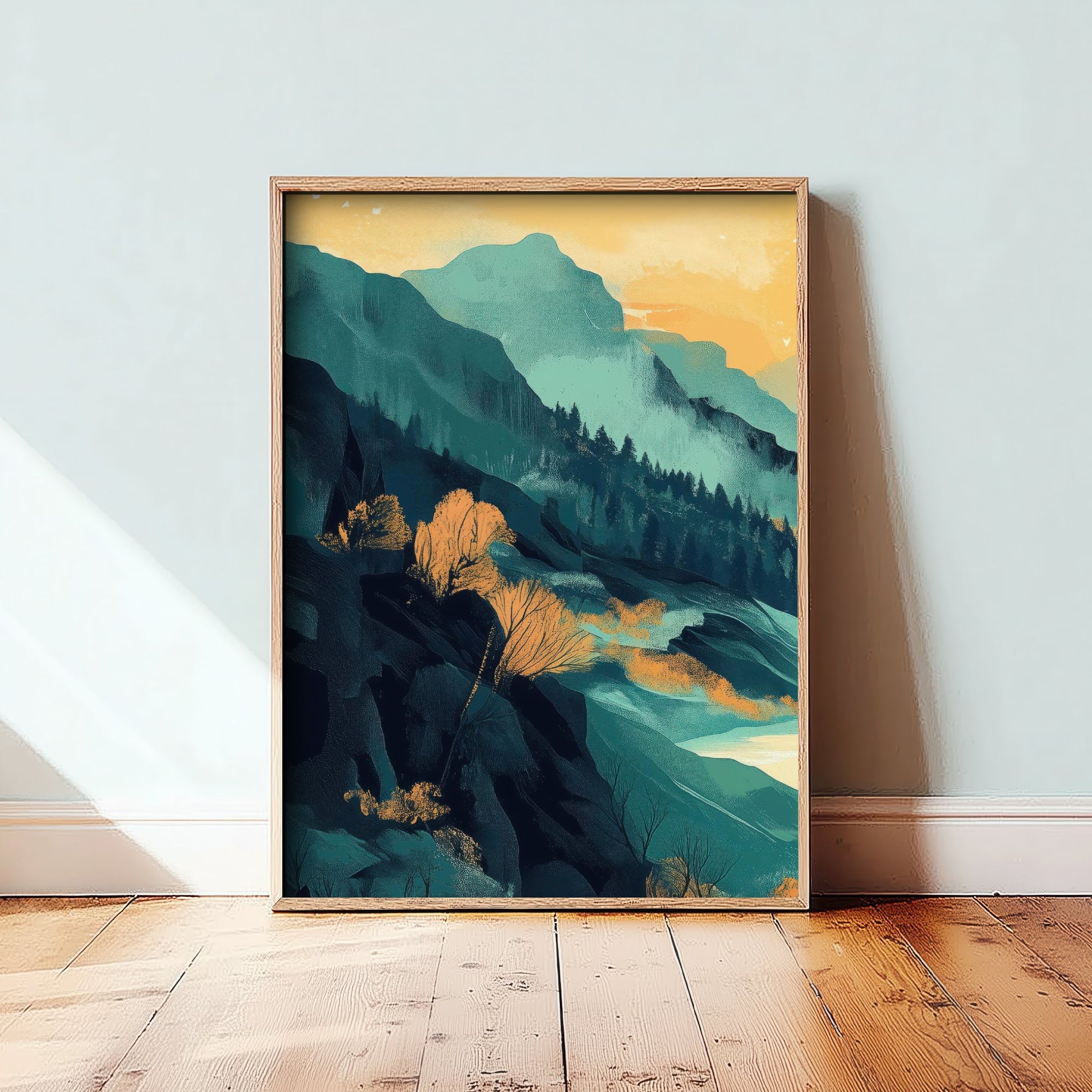 Abstract Mountain Art Print - Teal Green Boho Landscape Poster - Mid Century Sun Painting - Golden Valley V4 1/3