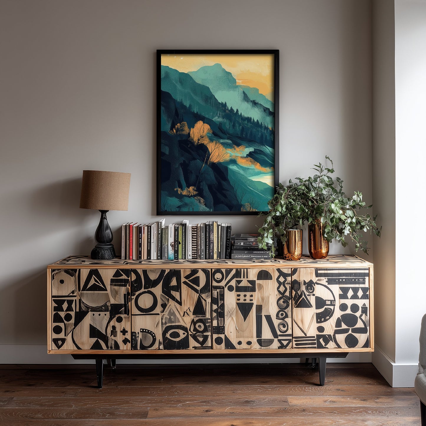 Abstract Mountain Art Print - Teal Green Boho Landscape Poster - Mid Century Sun Painting - Golden Valley V4 1/3