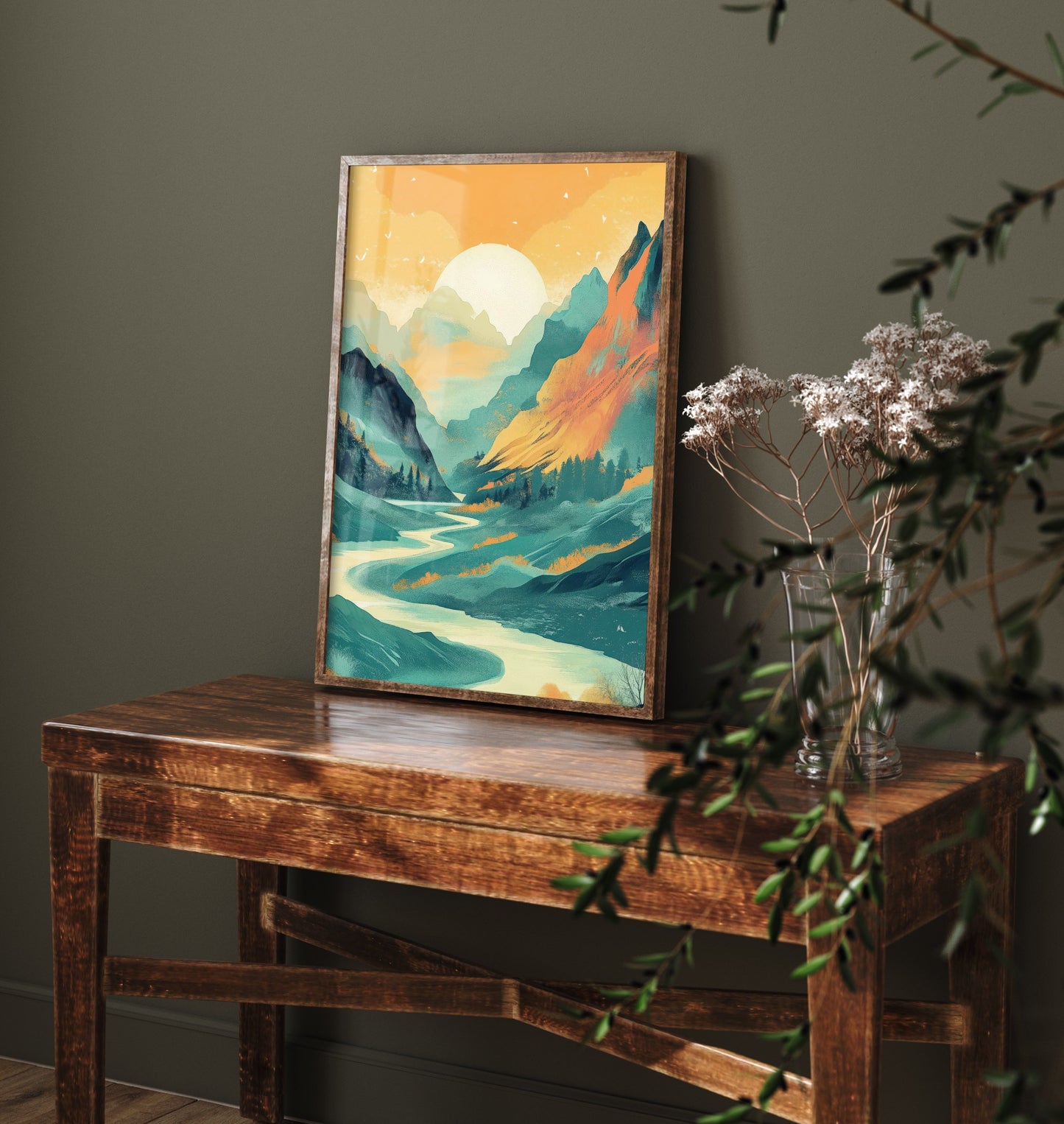 Abstract Mountain Art Print - Teal Green Boho Landscape Poster - Mid Century Sun Painting - River Valley V4 2/3