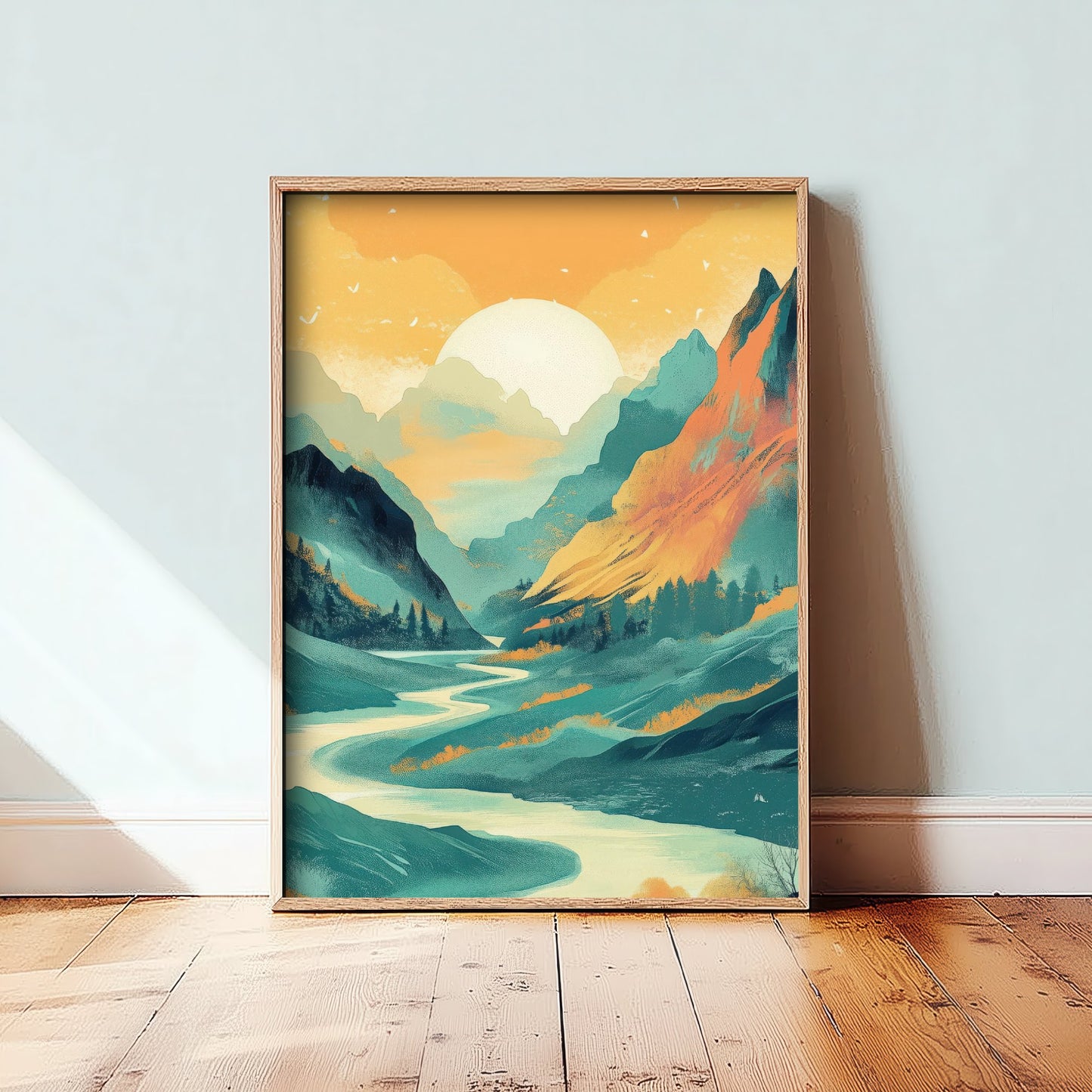 Abstract Mountain Art Print - Teal Green Boho Landscape Poster - Mid Century Sun Painting - River Valley V4 2/3