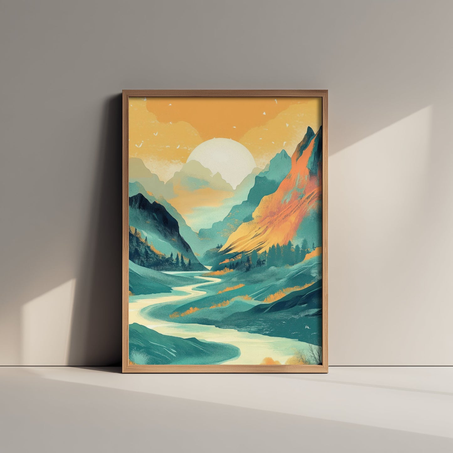Abstract Mountain Art Print - Teal Green Boho Landscape Poster - Mid Century Sun Painting - River Valley V4 2/3