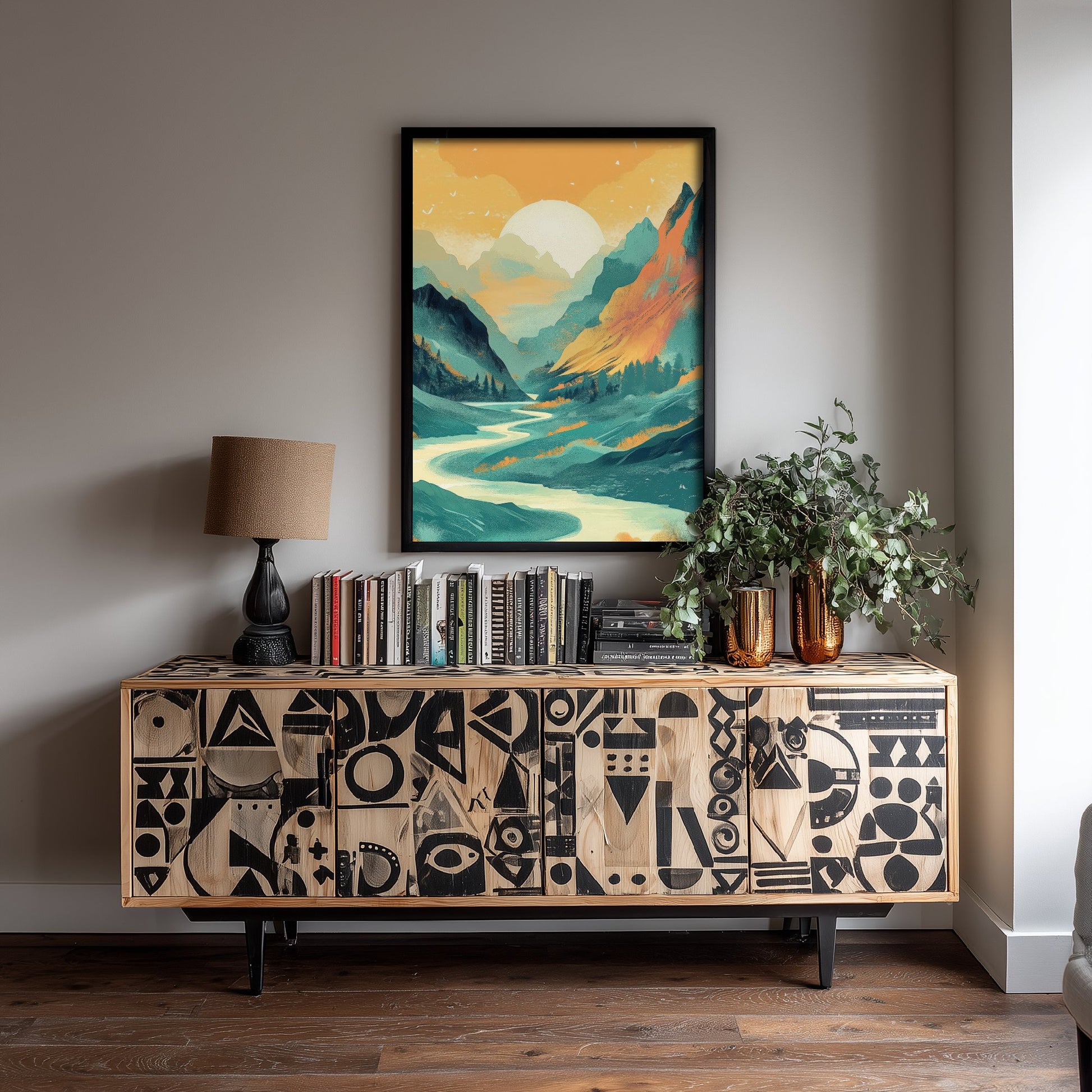 Abstract Mountain Art Print - Teal Green Boho Landscape Poster - Mid Century Sun Painting - River Valley V4 2/3