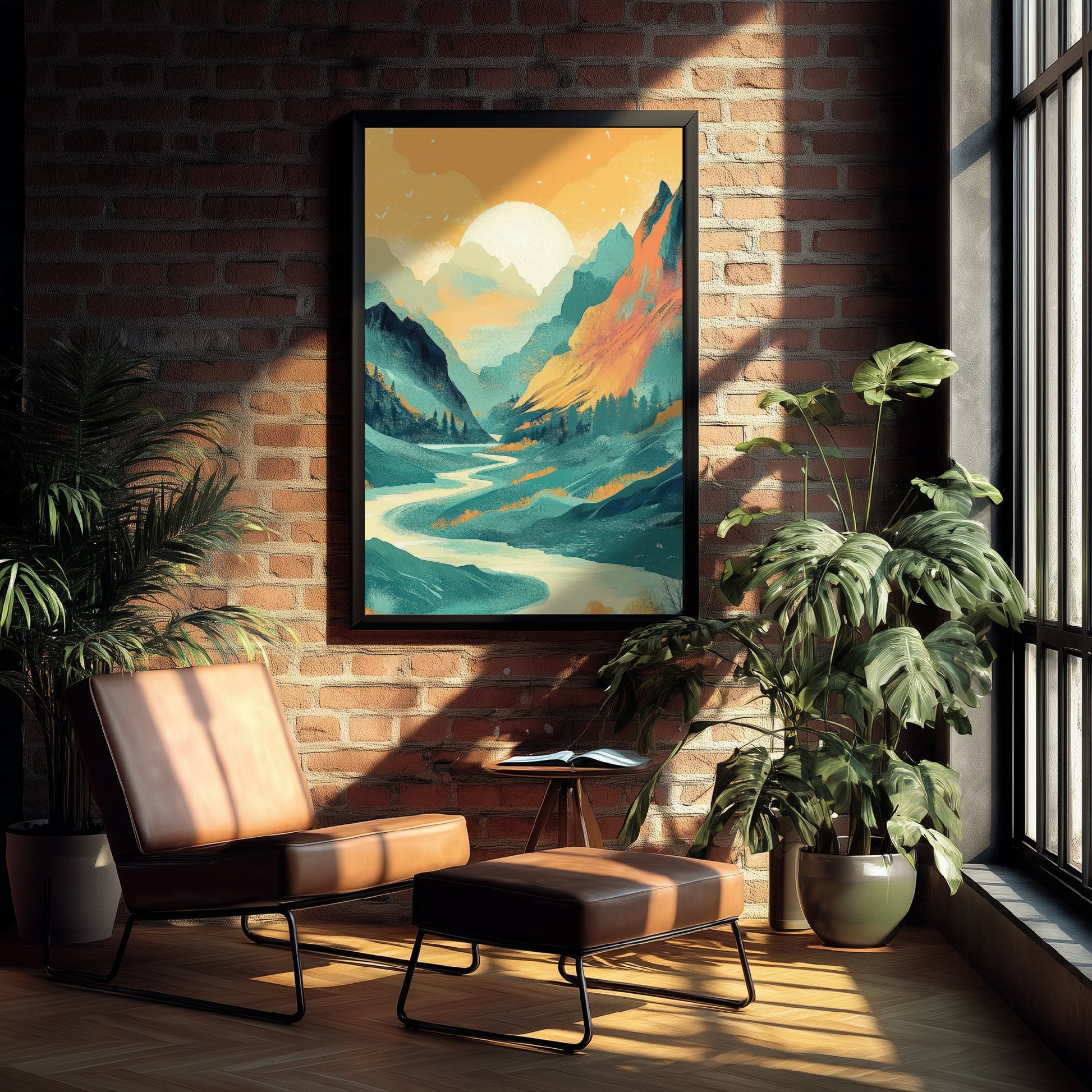 Abstract Mountain Art Print - Teal Green Boho Landscape Poster - Mid Century Sun Painting - River Valley V4 2/3