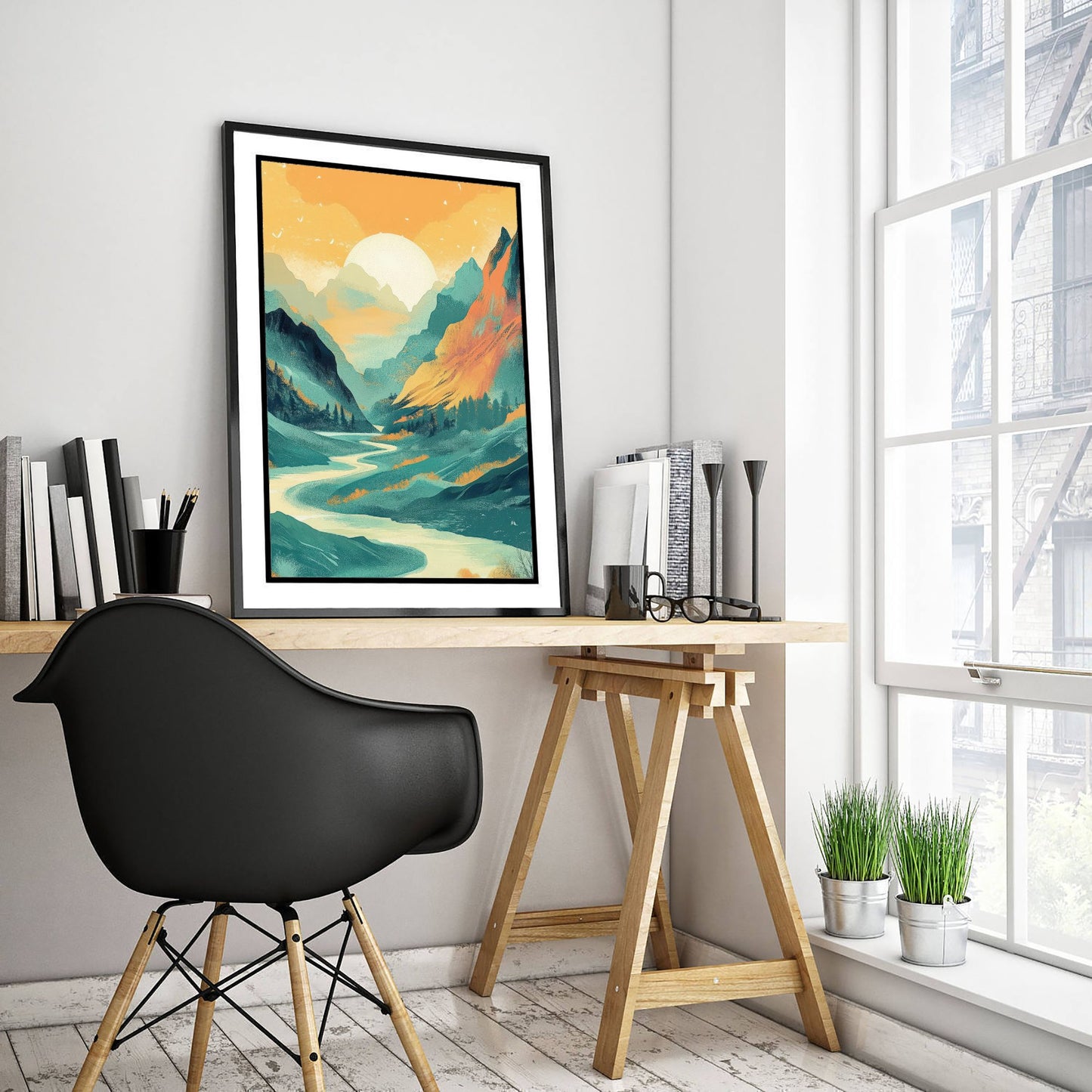 Abstract Mountain Art Print - Teal Green Boho Landscape Poster - Mid Century Sun Painting - River Valley V4 2/3