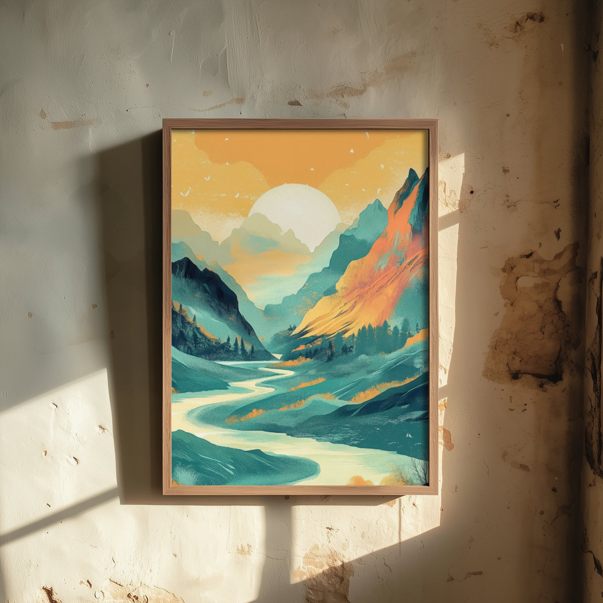 Abstract Mountain Art Print - Teal Green Boho Landscape Poster - Mid Century Sun Painting - River Valley V4 2/3