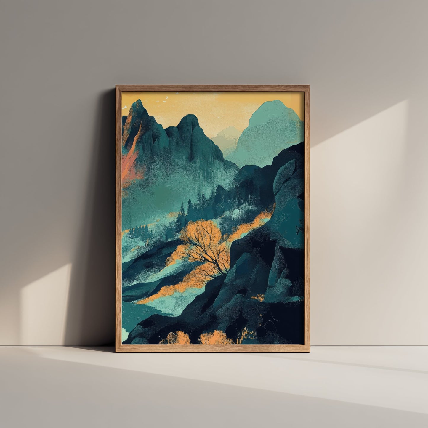 Abstract Mountain Art Print - Teal Green Boho Landscape Poster - Mid Century Sun Painting - Jagged Peaks V4 3/3