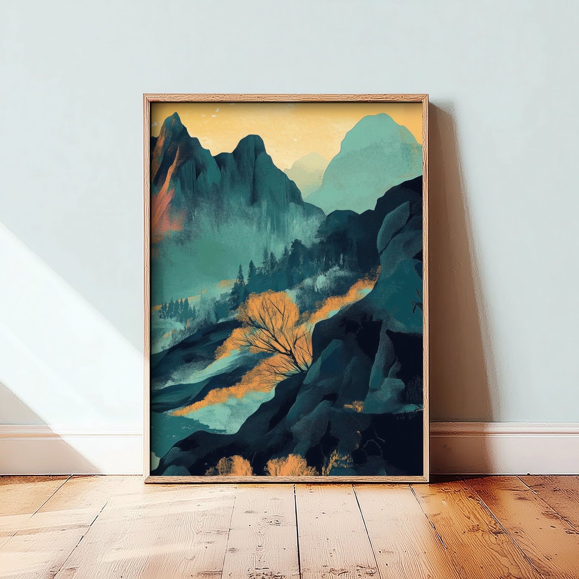 Abstract Mountain Art Print - Teal Green Boho Landscape Poster - Mid Century Sun Painting - Jagged Peaks V4 3/3