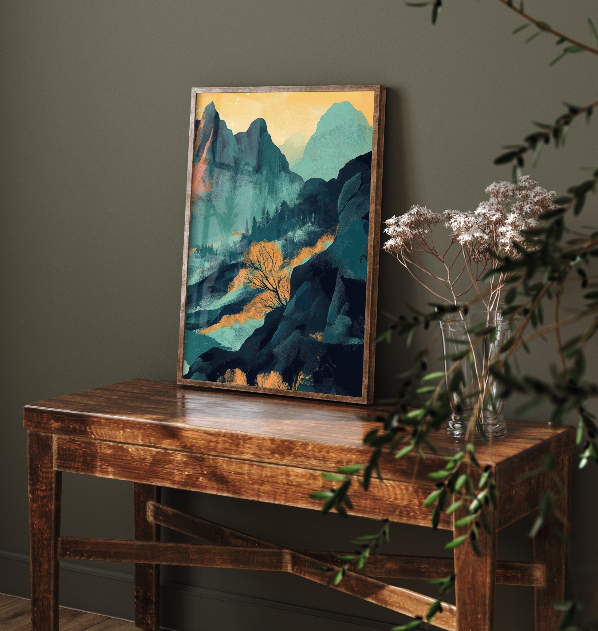 Abstract Mountain Art Print - Teal Green Boho Landscape Poster - Mid Century Sun Painting - Jagged Peaks V4 3/3