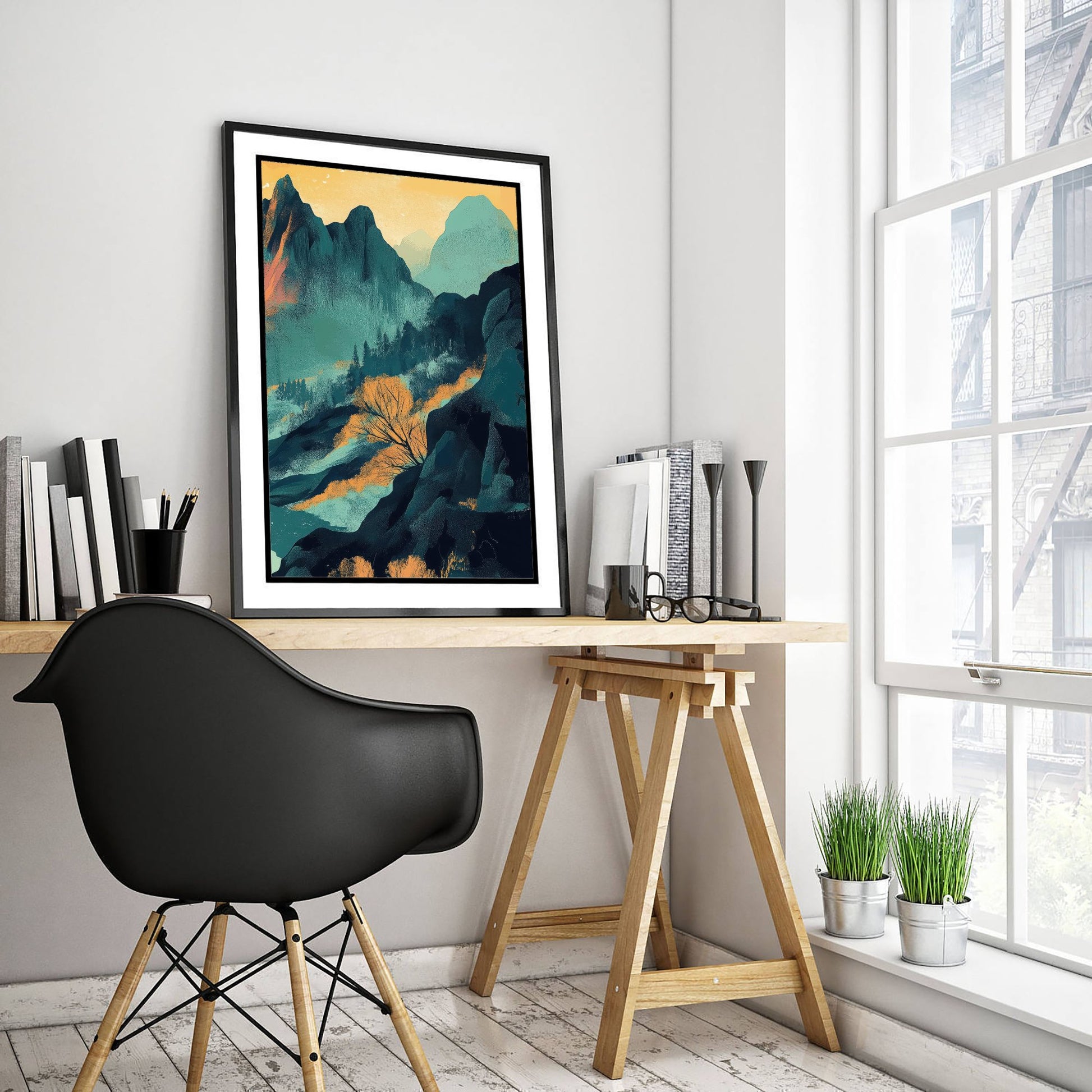 Abstract Mountain Art Print - Teal Green Boho Landscape Poster - Mid Century Sun Painting - Jagged Peaks V4 3/3