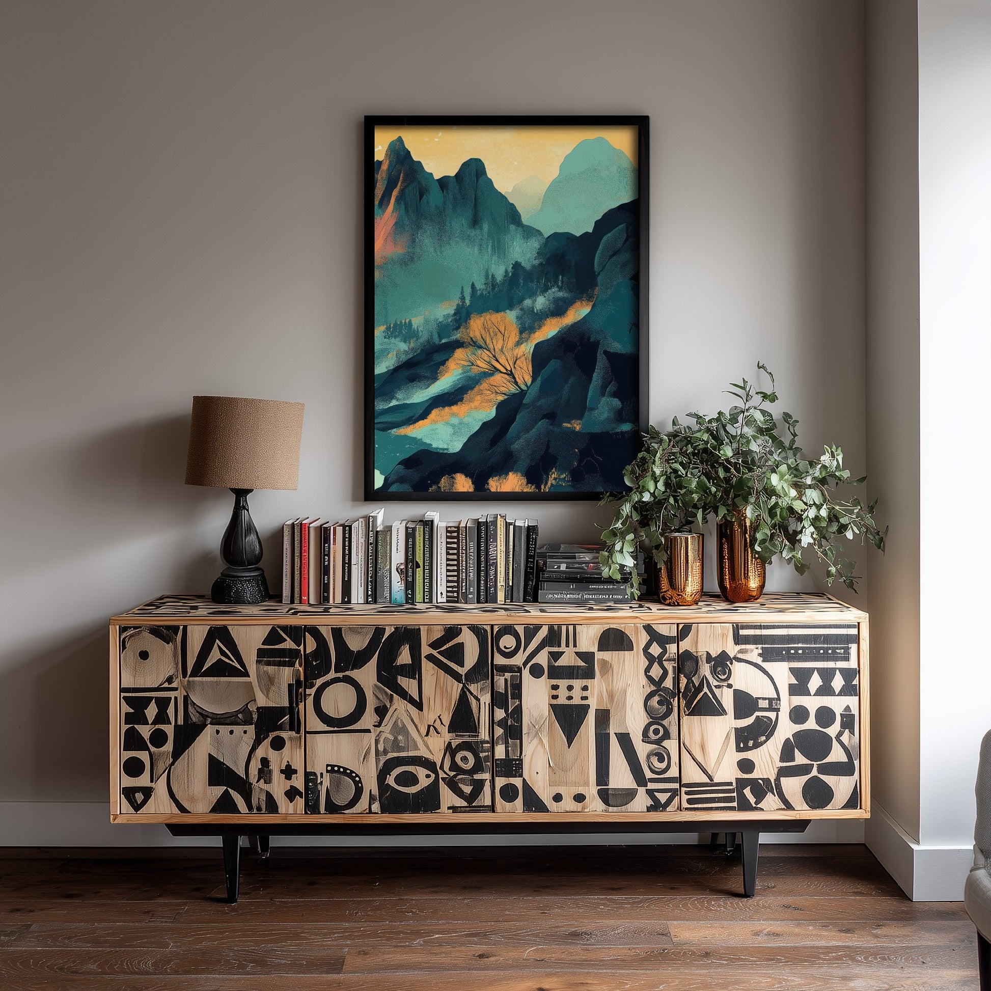 Abstract Mountain Art Print - Teal Green Boho Landscape Poster - Mid Century Sun Painting - Jagged Peaks V4 3/3