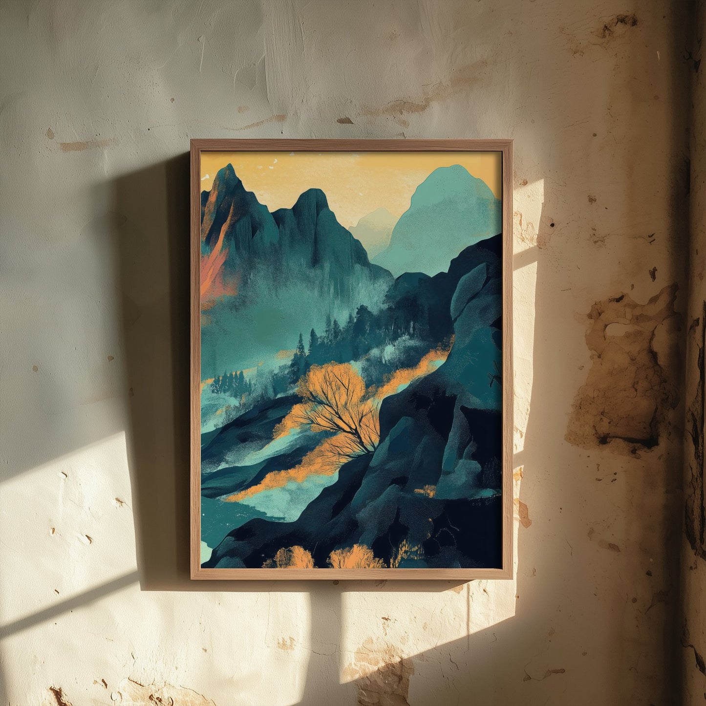 Abstract Mountain Art Print - Teal Green Boho Landscape Poster - Mid Century Sun Painting - Jagged Peaks V4 3/3