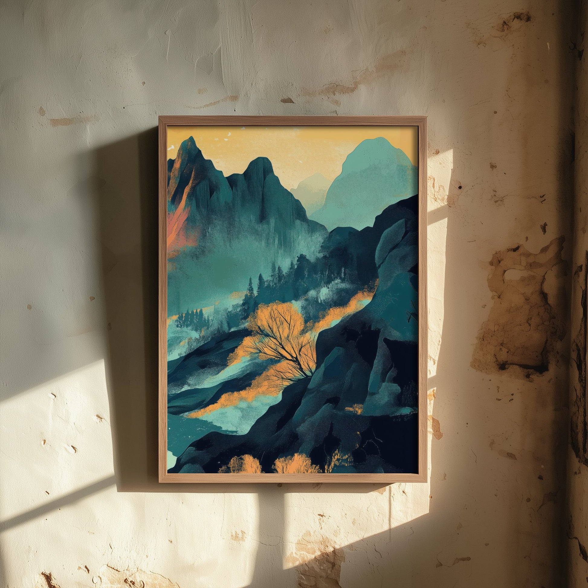 Abstract Mountain Art Print - Teal Green Boho Landscape Poster - Mid Century Sun Painting - Jagged Peaks V4 3/3