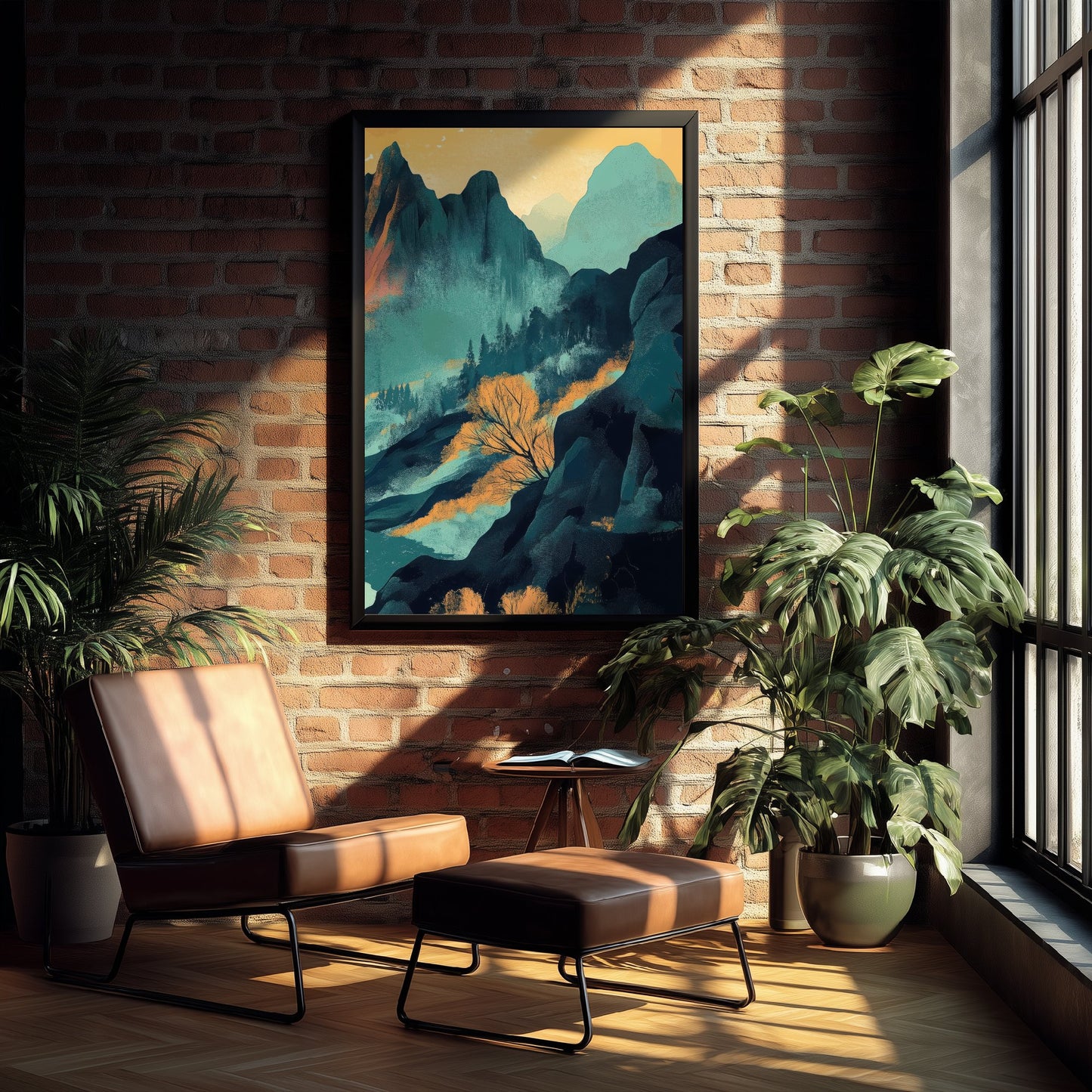 Abstract Mountain Art Print - Teal Green Boho Landscape Poster - Mid Century Sun Painting - Jagged Peaks V4 3/3