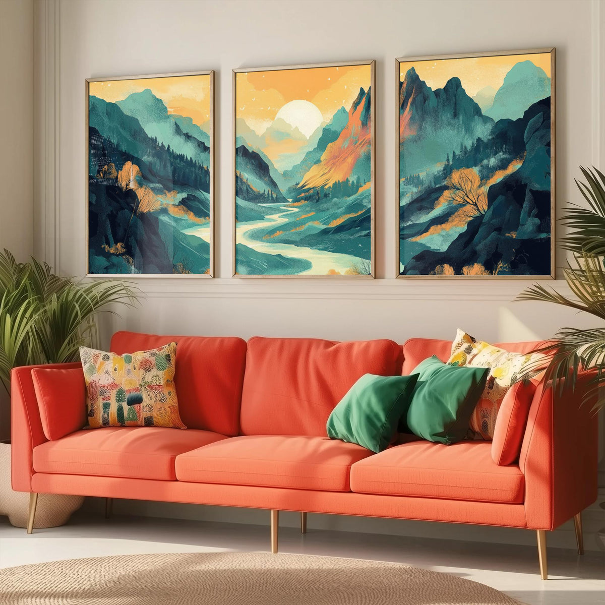 Conceptual Canyon Set of Three Art Prints V4 - Misty Teal Valley Panorama - Abstract Mountain River Illustration Poster Decor