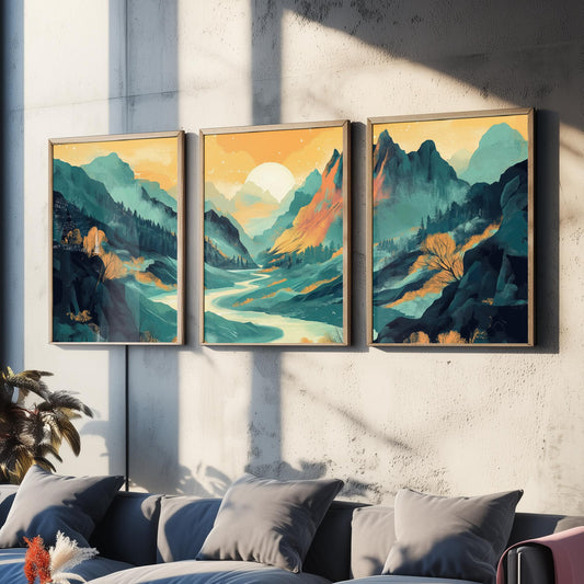 Conceptual Canyon Set of Three Art Prints V4 - Misty Teal Valley Panorama - Abstract Mountain River Illustration Poster Decor