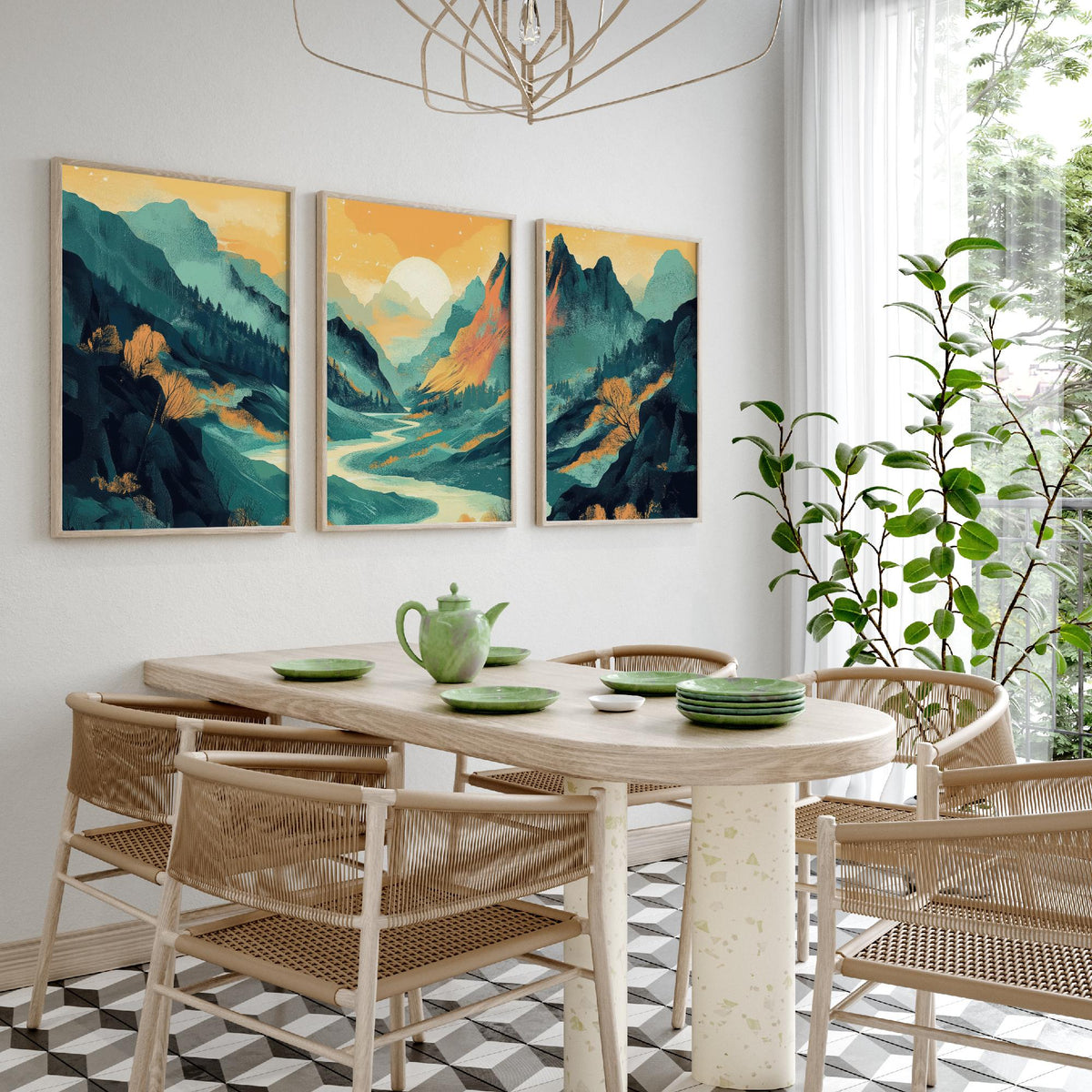 Conceptual Canyon Set of Three Art Prints V4 - Misty Teal Valley Panorama - Abstract Mountain River Illustration Poster Decor