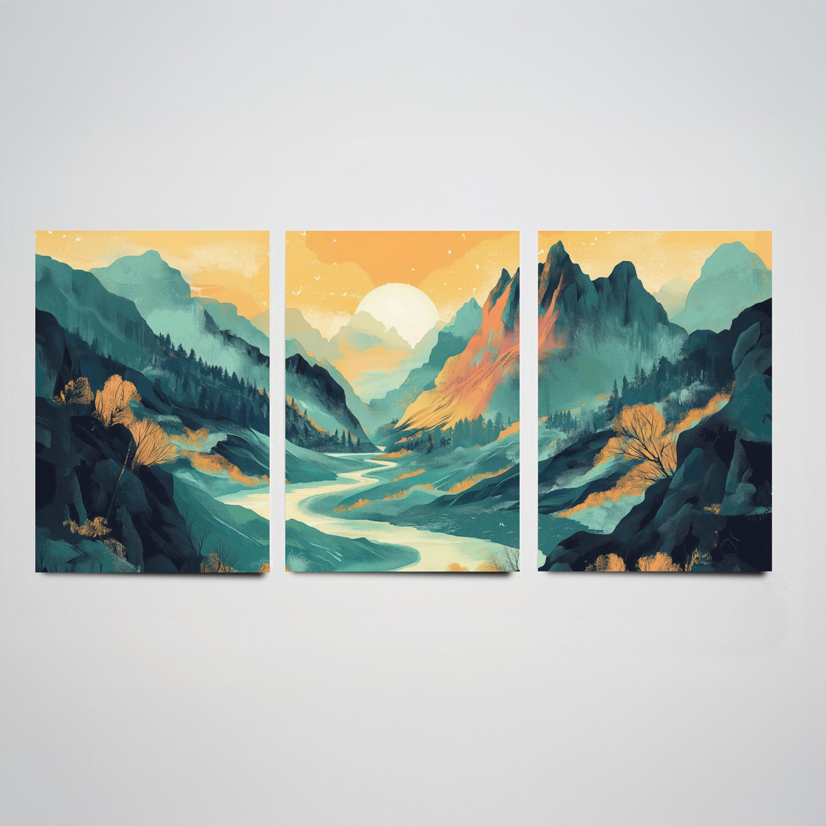 Conceptual Canyon Set of Three Art Prints V4 - Misty Teal Valley Panorama - Abstract Mountain River Illustration Poster Decor