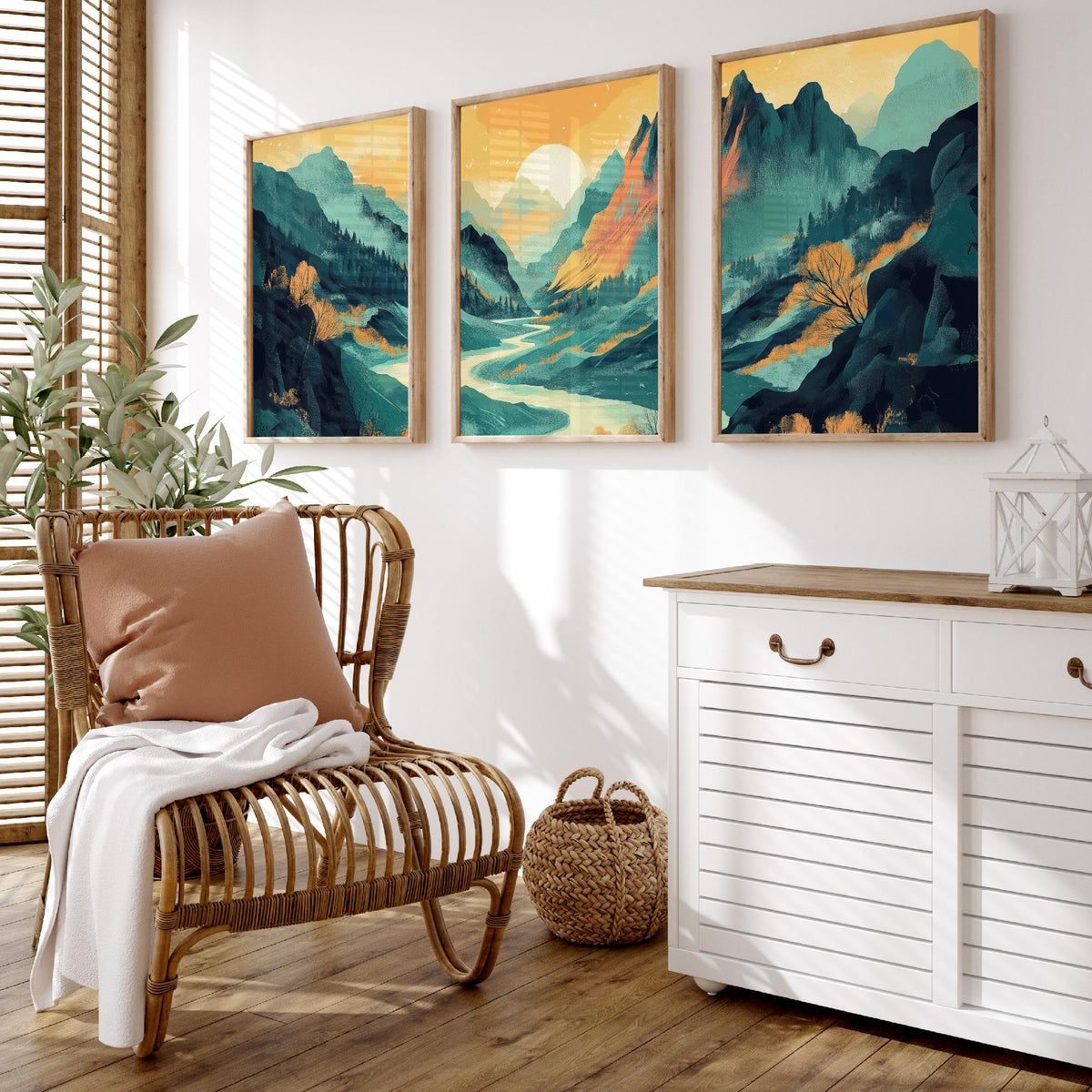 Conceptual Canyon Set of Three Art Prints V4 - Misty Teal Valley Panorama - Abstract Mountain River Illustration Poster Decor