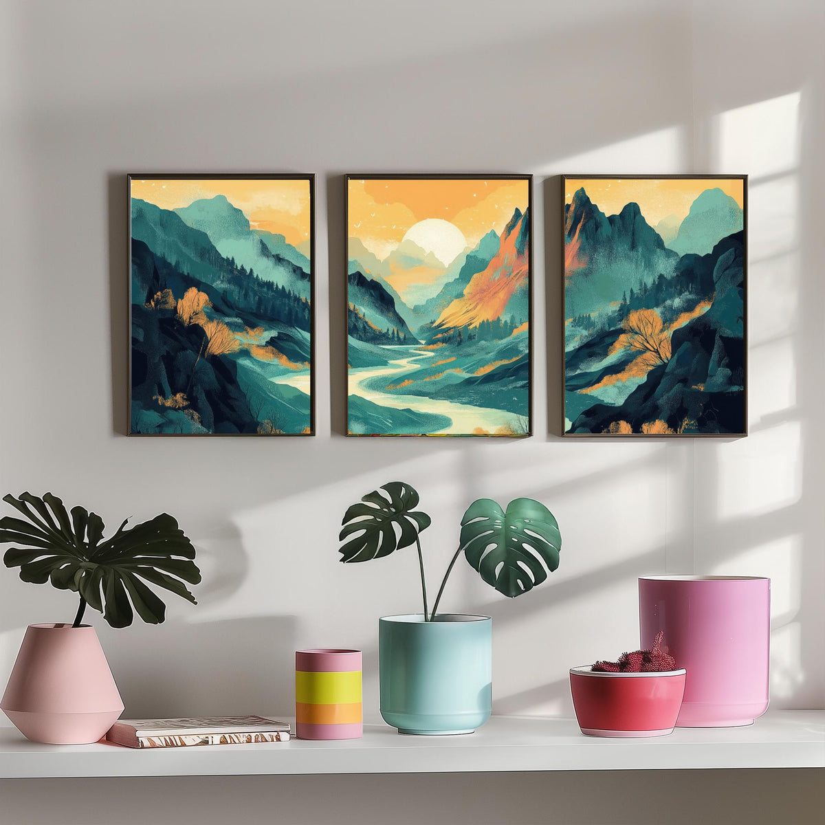Conceptual Canyon Set of Three Art Prints V4 - Misty Teal Valley Panorama - Abstract Mountain River Illustration Poster Decor