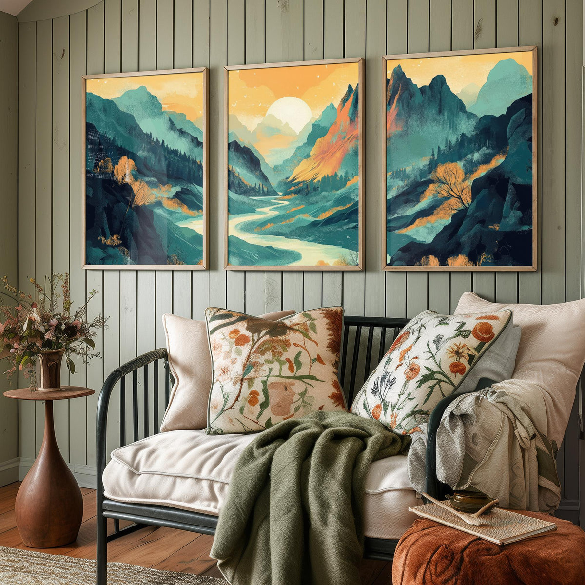 Conceptual Canyon Set of Three Art Prints V4 - Misty Teal Valley Panorama - Abstract Mountain River Illustration Poster Decor