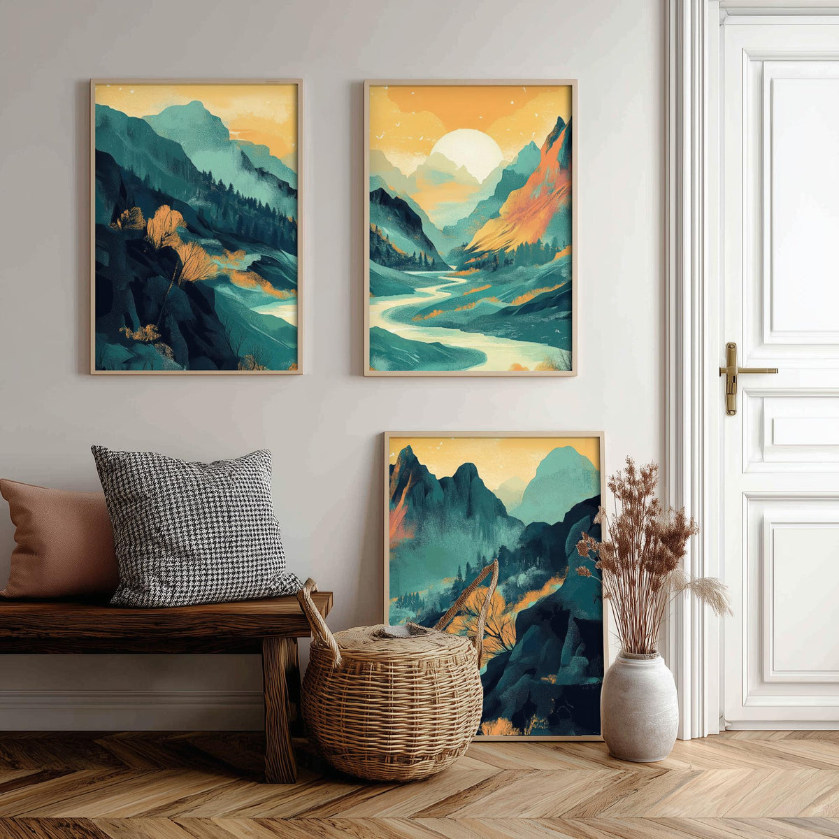 Conceptual Canyon Set of Three Art Prints V4 - Misty Teal Valley Panorama - Abstract Mountain River Illustration Poster Decor
