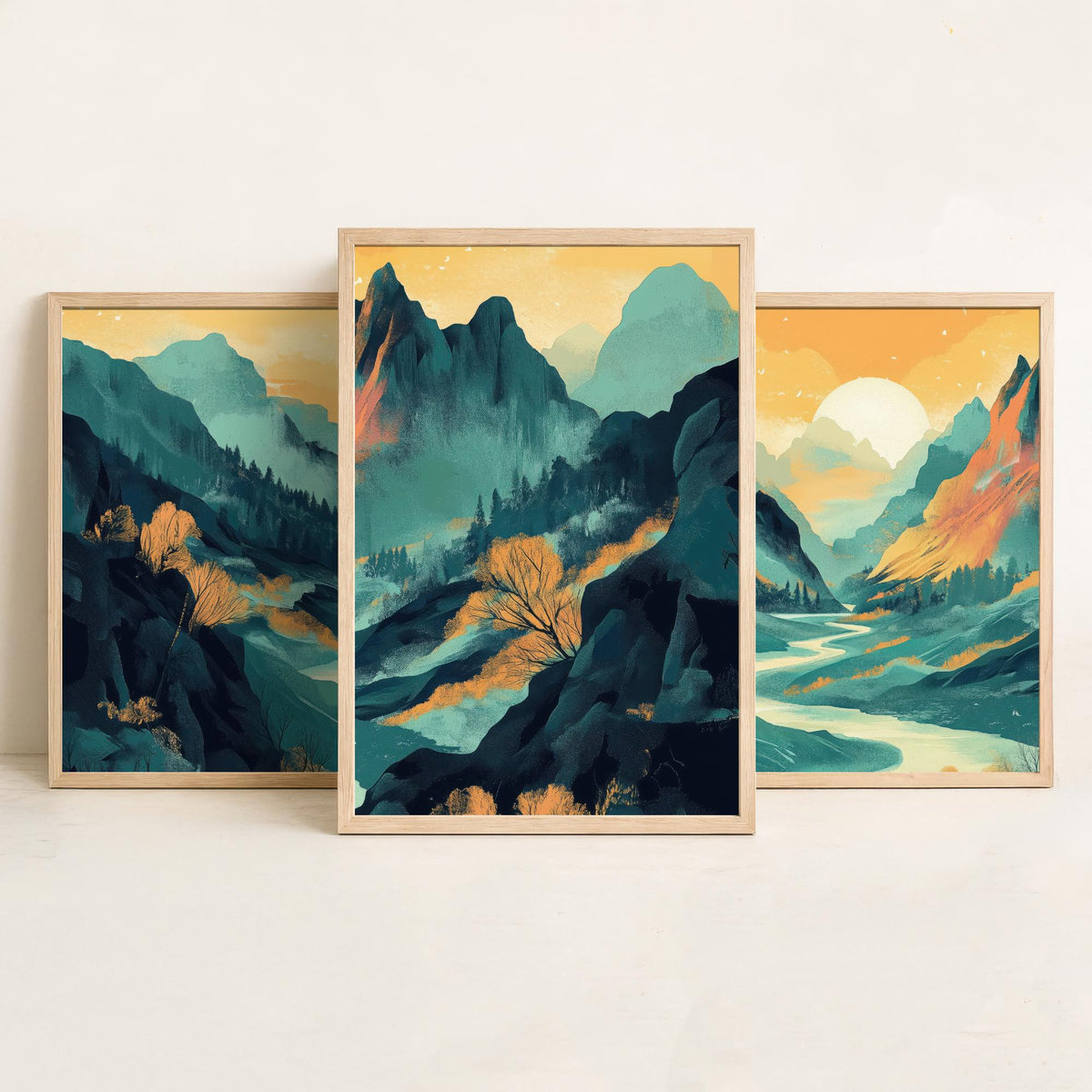 Conceptual Canyon Set of Three Art Prints V4 - Misty Teal Valley Panorama - Abstract Mountain River Illustration Poster Decor