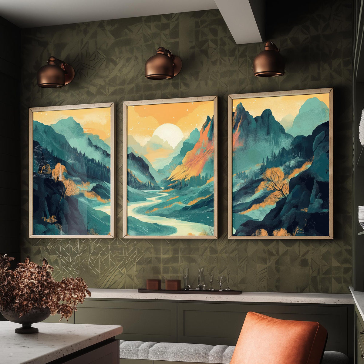 Conceptual Canyon Set of Three Art Prints V4 - Misty Teal Valley Panorama - Abstract Mountain River Illustration Poster Decor