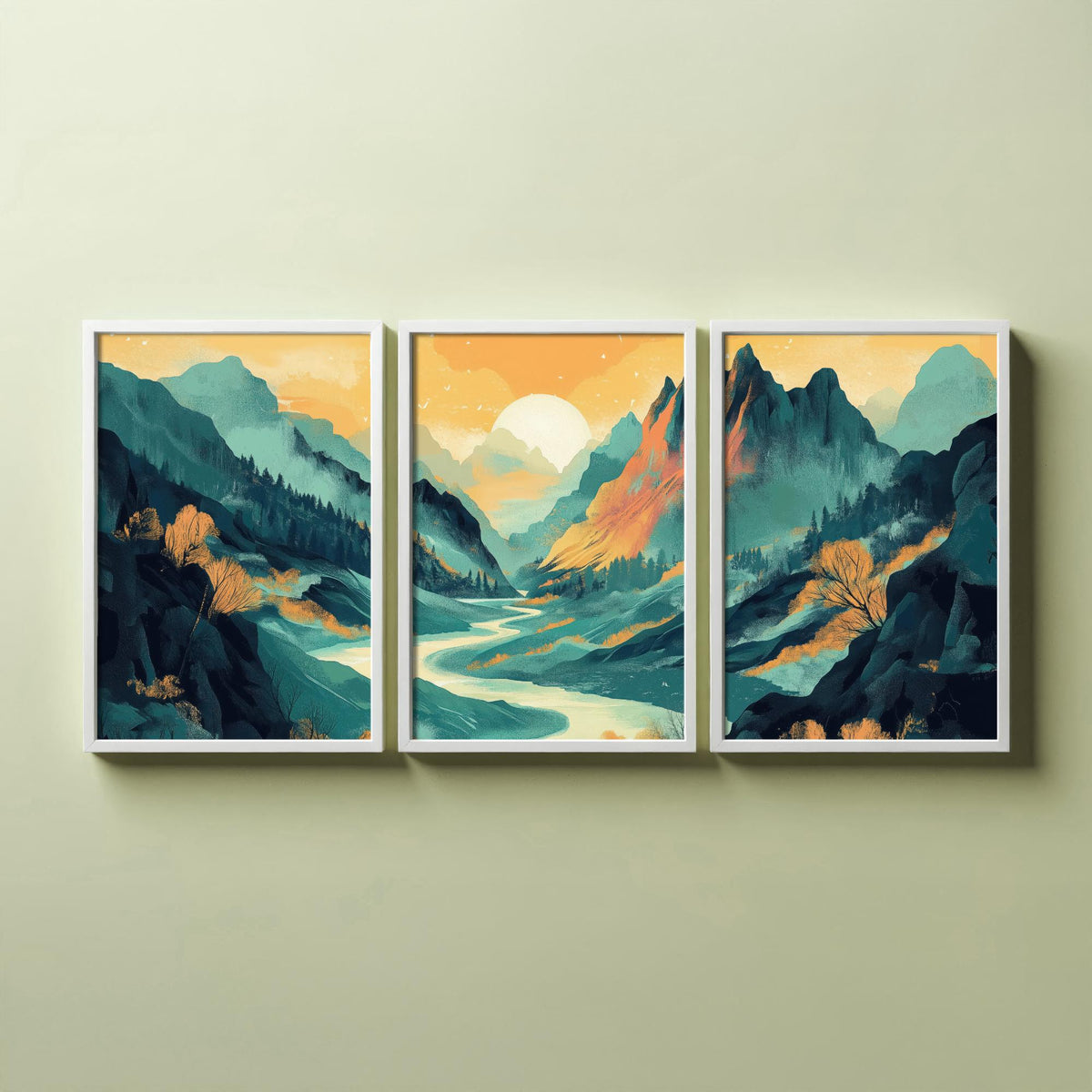 Conceptual Canyon Set of Three Art Prints V4 - Misty Teal Valley Panorama - Abstract Mountain River Illustration Poster Decor