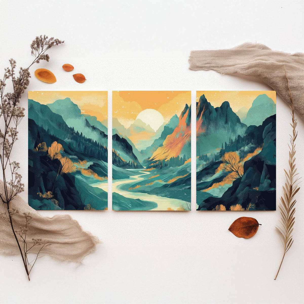 Conceptual Canyon Set of Three Art Prints V4 - Misty Teal Valley Panorama - Abstract Mountain River Illustration Poster Decor