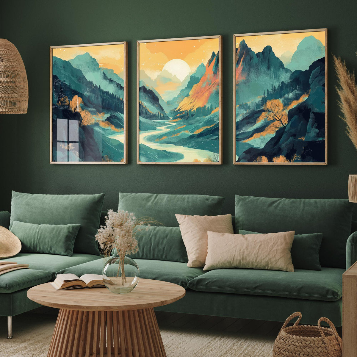 Conceptual Canyon Set of Three Art Prints V4 - Misty Teal Valley Panorama - Abstract Mountain River Illustration Poster Decor