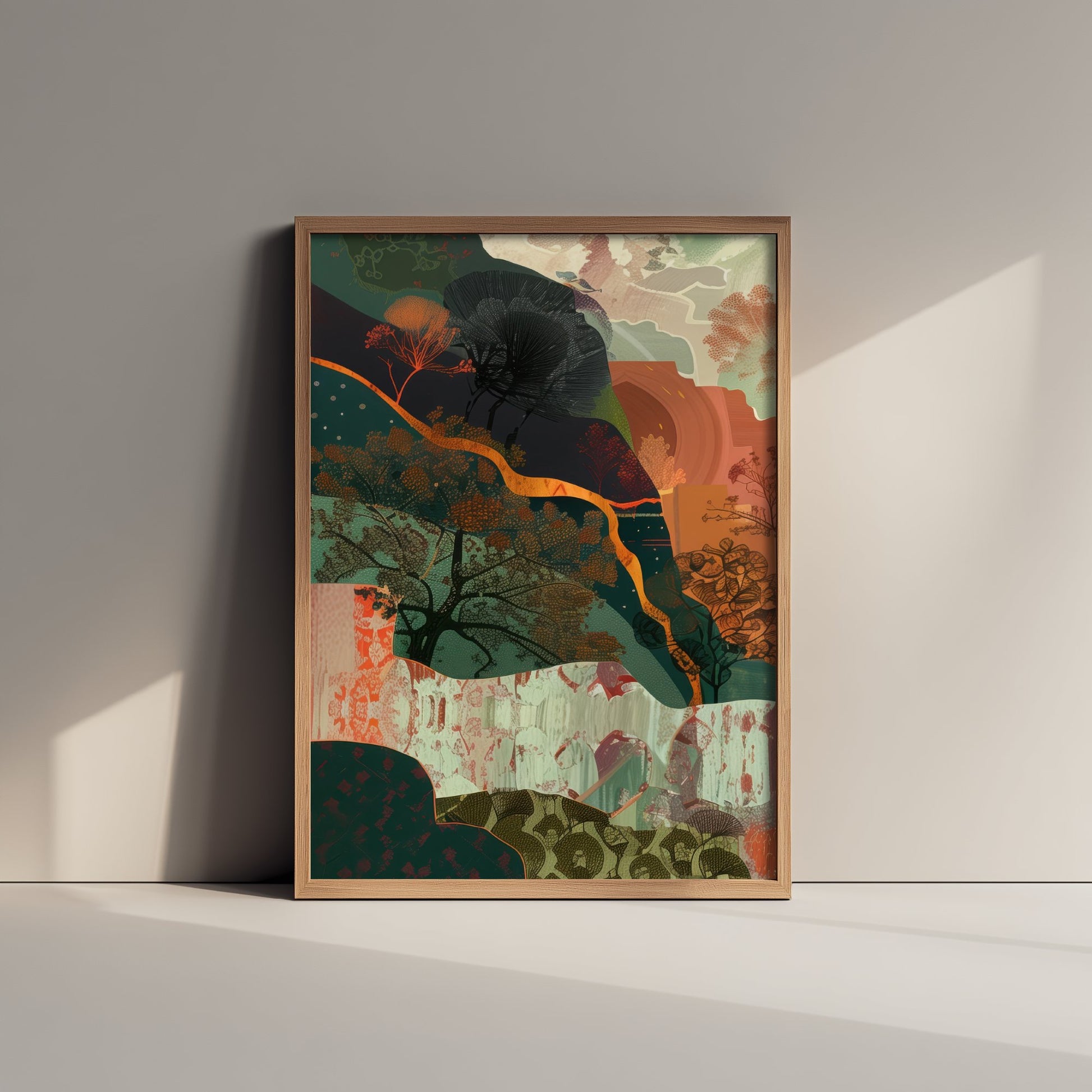 Abstract Woodland Art Print - Autumn Boho Landscape Poster - Textured Collage Painting - Whimsical Forest V5 1/3