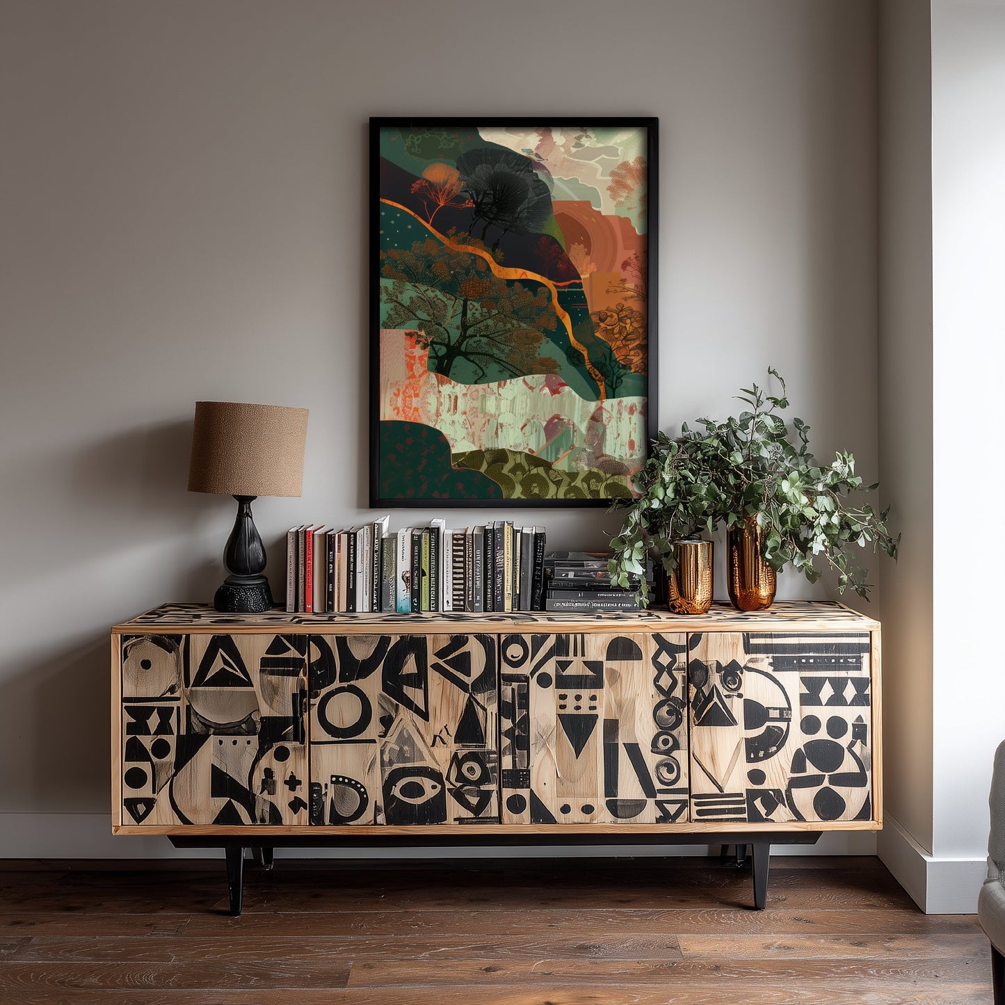 Abstract Woodland Art Print - Autumn Boho Landscape Poster - Textured Collage Painting - Whimsical Forest V5 1/3